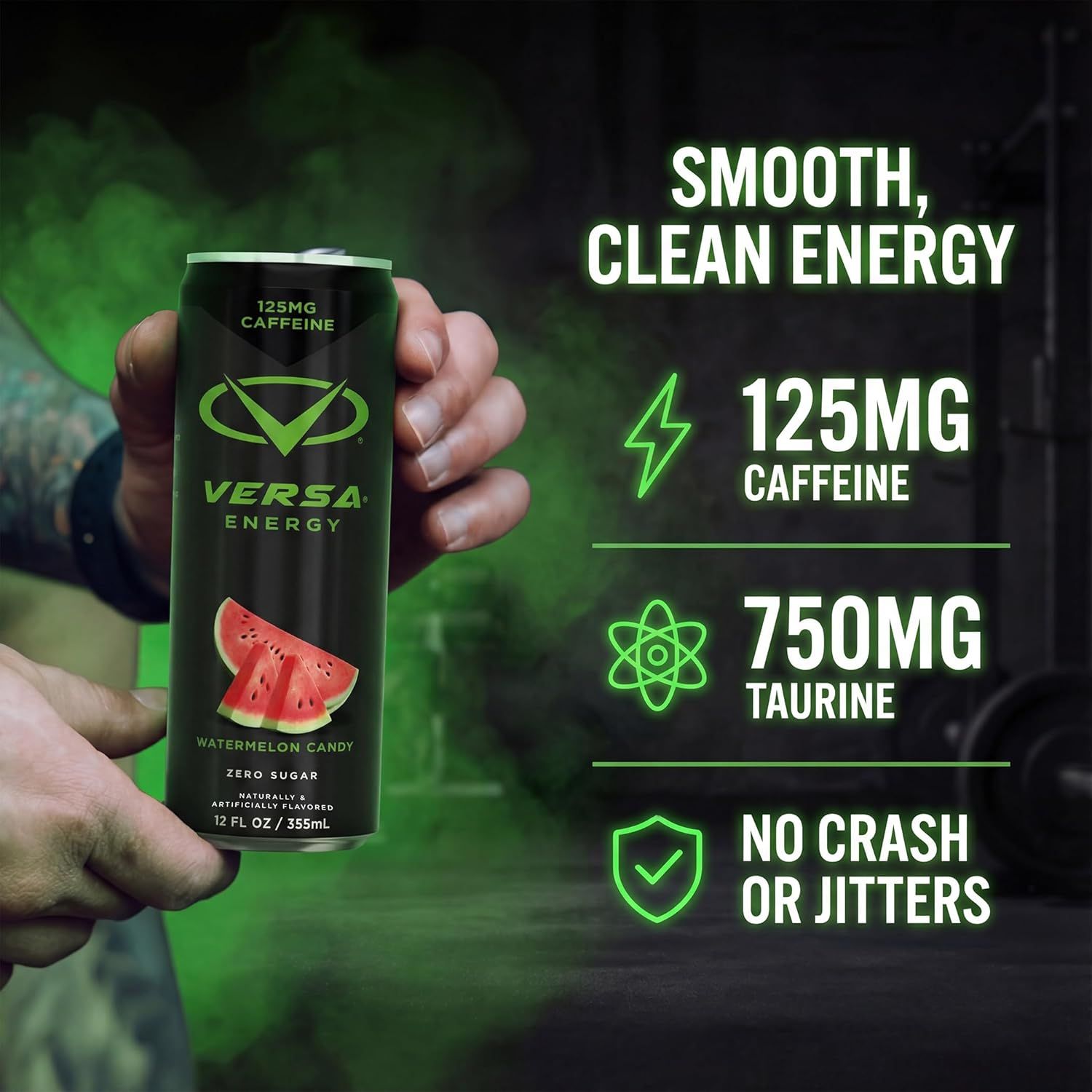 Communicates multiple key benefits of the energy drink in a visually segmented layout, highlighting caffeine content, taurine content, and the absence of negative side effects to reassure shoppers…
