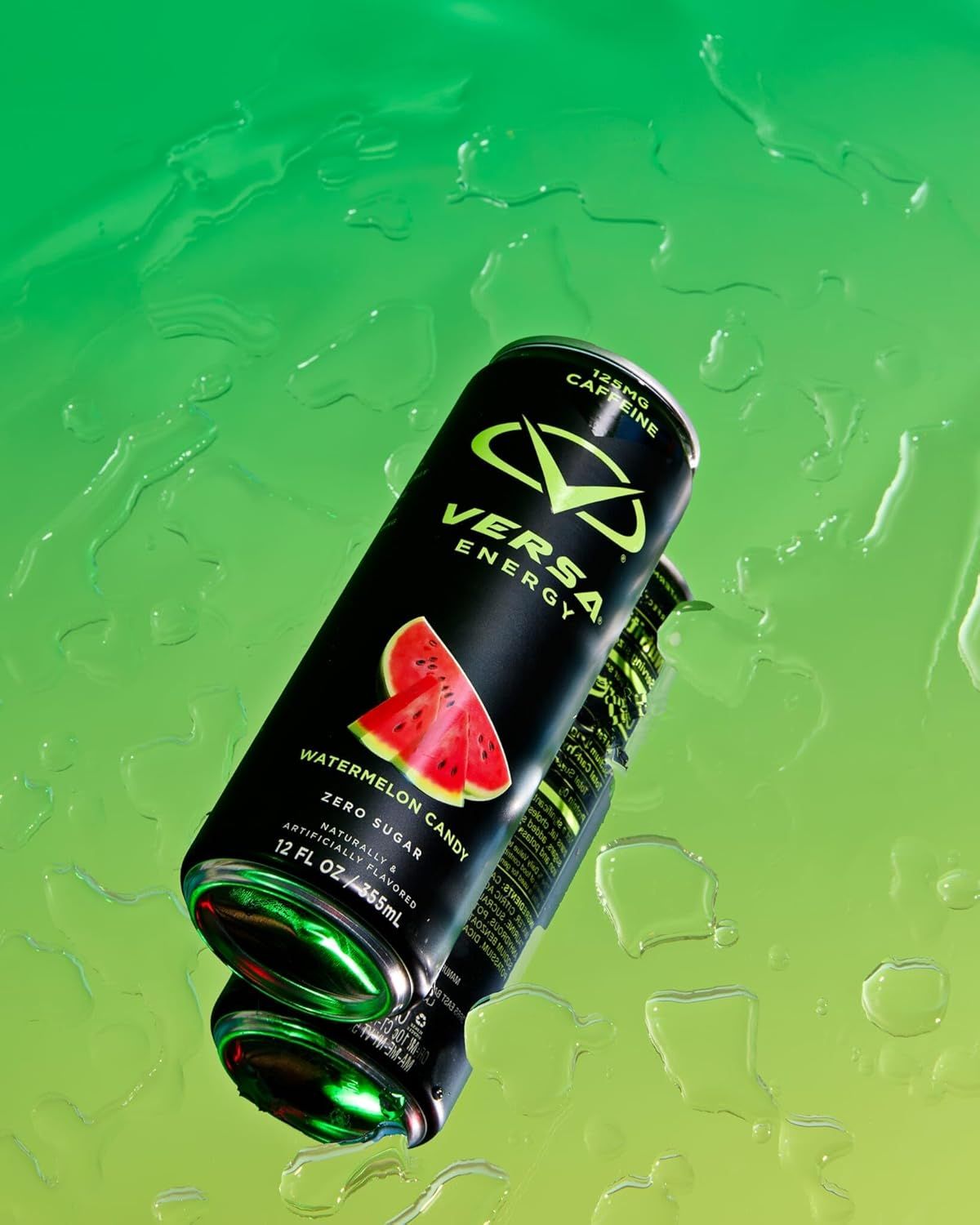 Showcases the energy drink in a refreshing, dynamic lifestyle setting with water droplets to evoke freshness and appeal to shoppers looking for a thirst-quenching beverage.