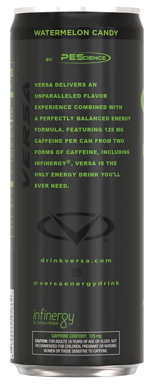 Communicates multiple product benefits including flavor quality, balanced energy formula, and specific caffeine content from dual sources to position the product as a comprehensive energy drink…