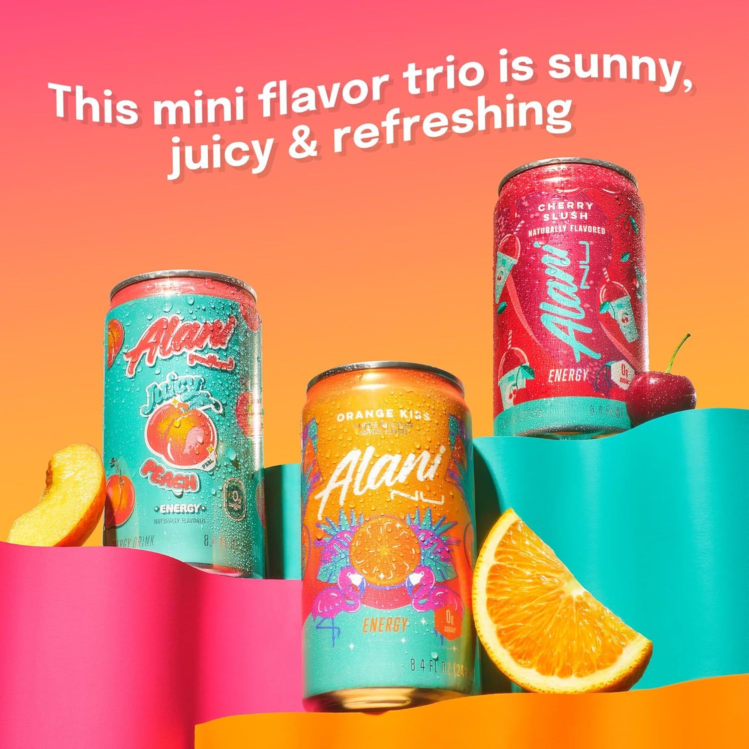 Showcases the brand's mini flavor trio lineup, highlighting the variety of flavors available (Cherry Slush, Orange Kiss, and Juicy Peach) to help shoppers understand the product range and appeal to…