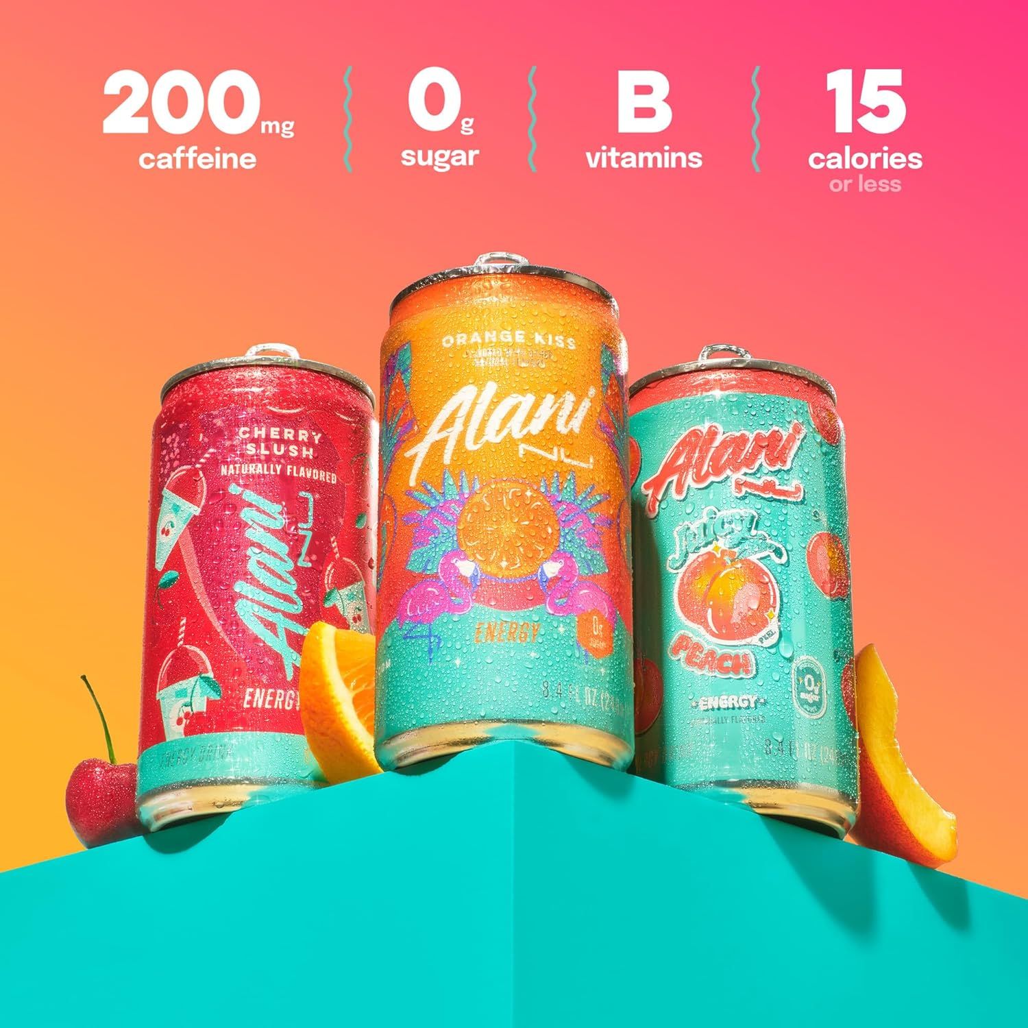 Communicates multiple key nutritional and performance benefits of the energy drink in a visually segmented layout to reassure health-conscious shoppers about the product's value proposition.