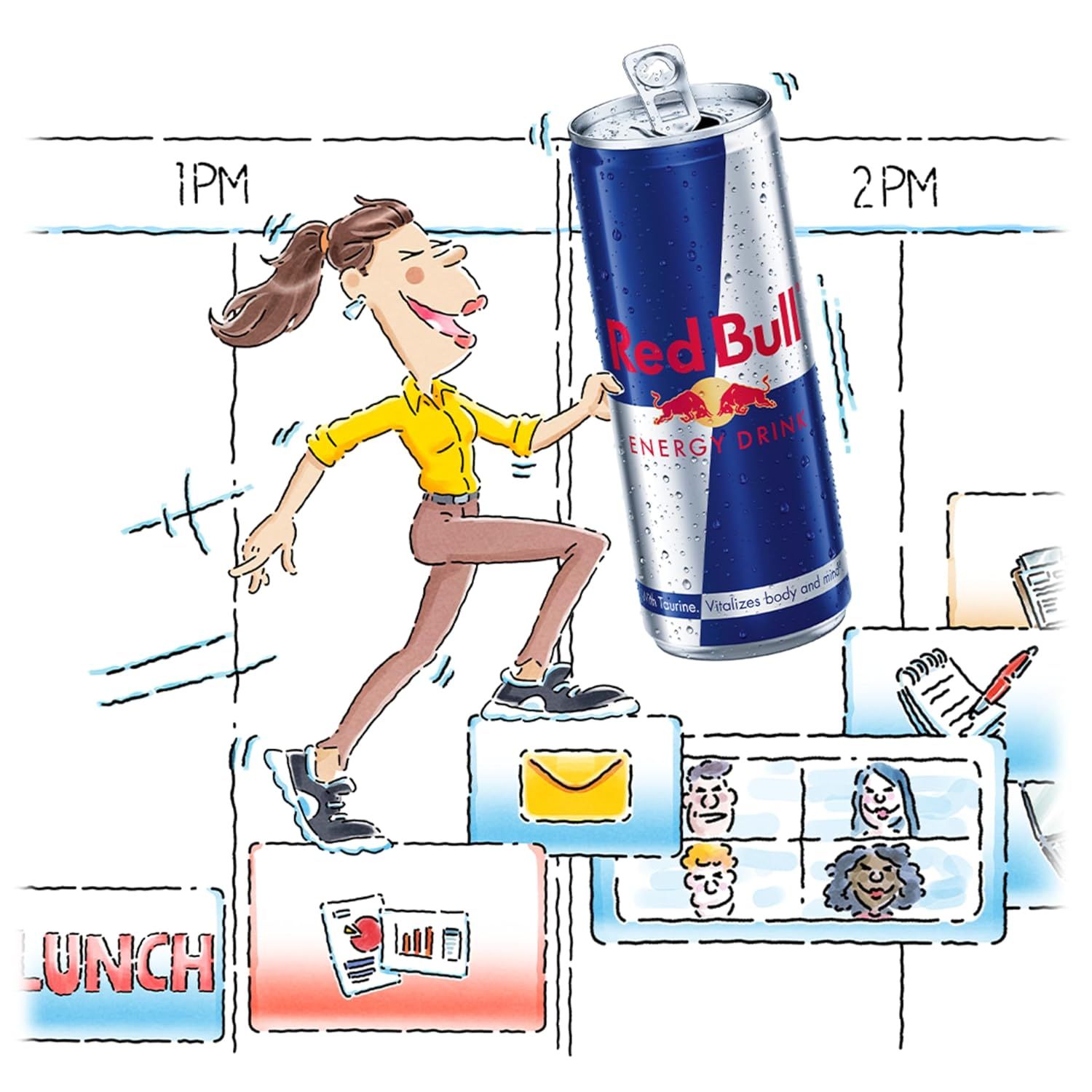 Communicates that Red Bull provides sustained energy to power through the afternoon slump, helping shoppers stay energized and productive during the workday.