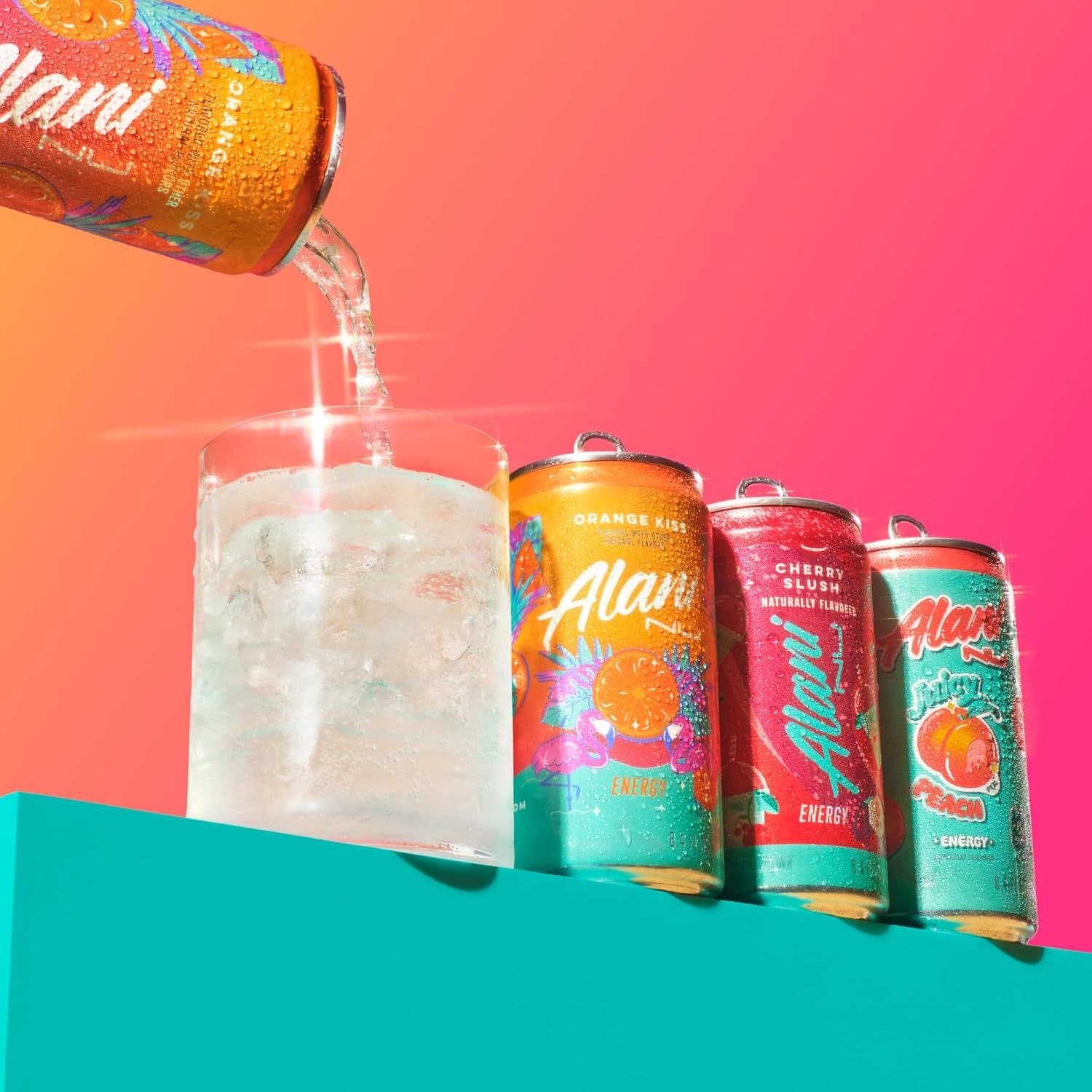 Showcases the brand's product lineup with multiple flavor options (Orange Kiss, Cherry Blush, and another variant) in a visually appealing lifestyle setting to communicate variety and brand identity.