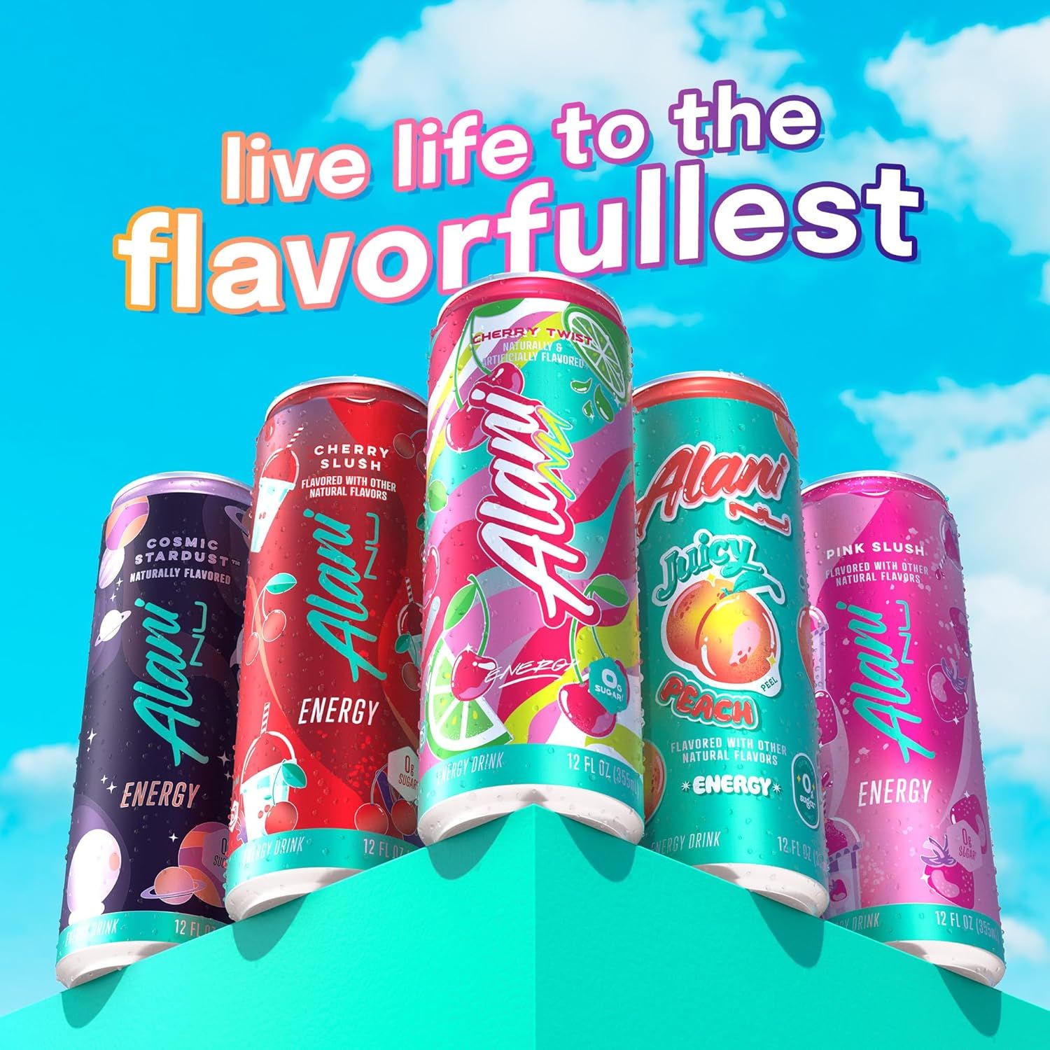 Showcases the brand's product lineup with multiple flavor options while reinforcing the brand's lifestyle messaging to encourage shoppers to explore the variety available.