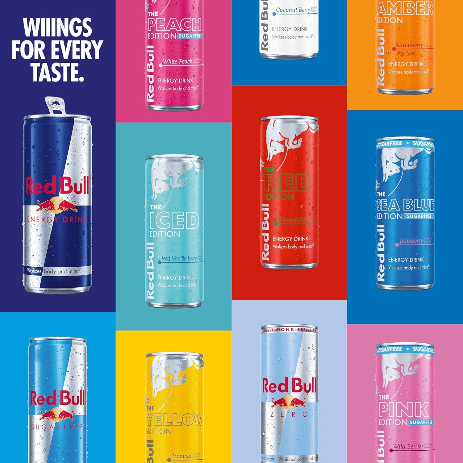 Showcases the full Red Bull product lineup and flavor variety to help shoppers understand the range of options available and reinforce brand identity.