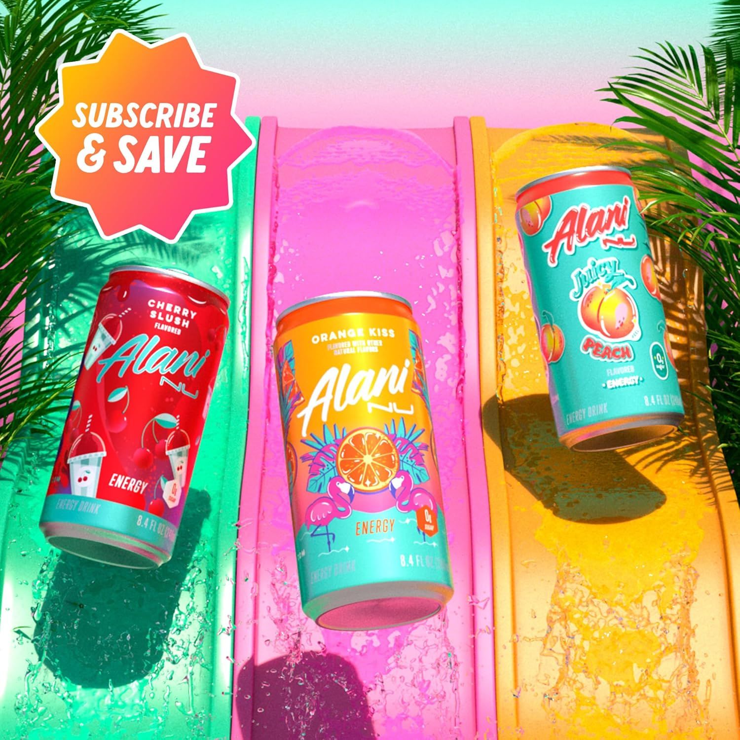 Showcases the brand's product lineup with three different flavor variants in a vibrant lifestyle setting, while promoting a subscription savings offer to encourage repeat purchases.