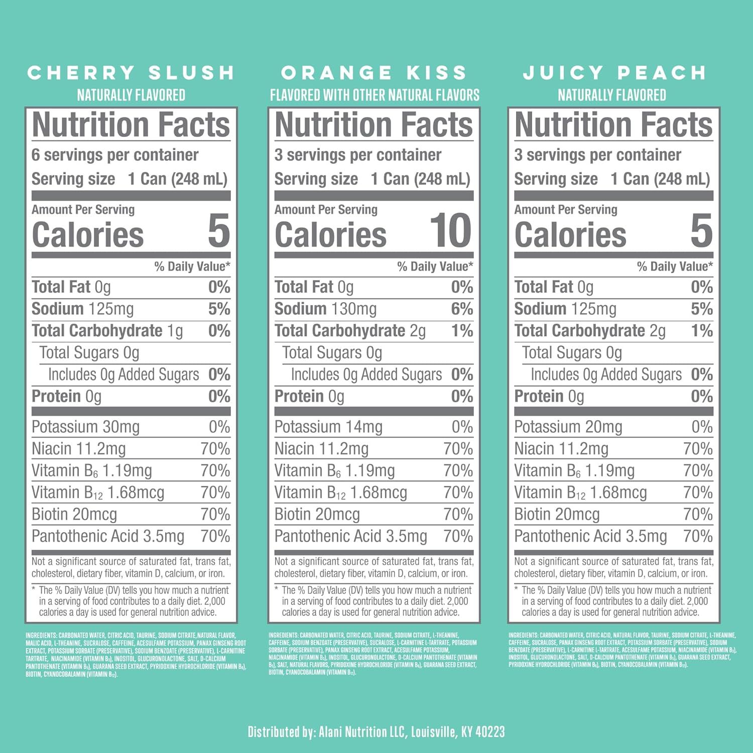 Showcases the brand's product lineup by displaying three different flavor options side-by-side with their nutrition facts, helping shoppers compare and choose between Cherry Slush, Orange Kiss, and…
