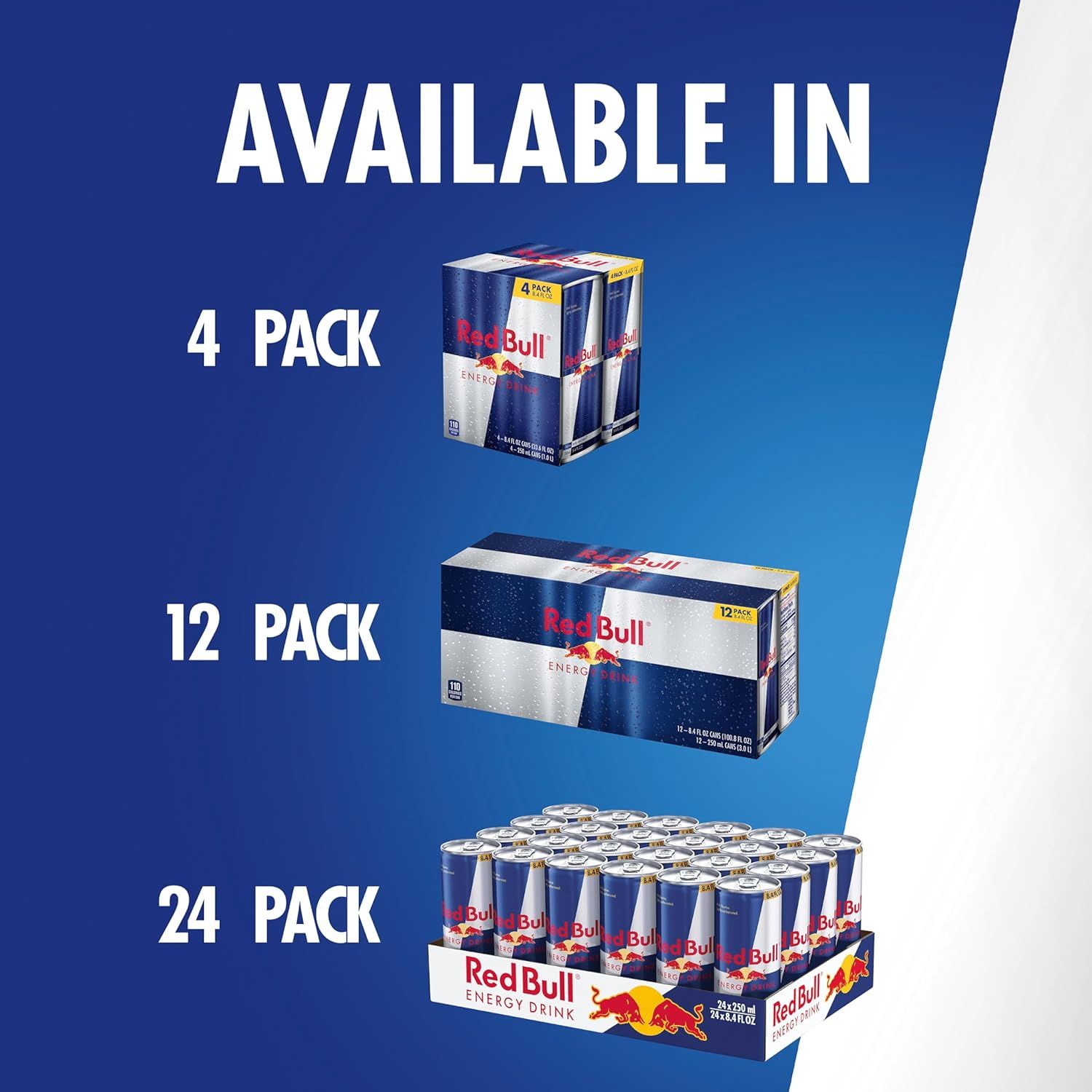 Shows shoppers the different pack size options available for Red Bull Energy Drink (4-pack, 12-pack, and 24-pack) to help them choose the quantity that best fits their needs.