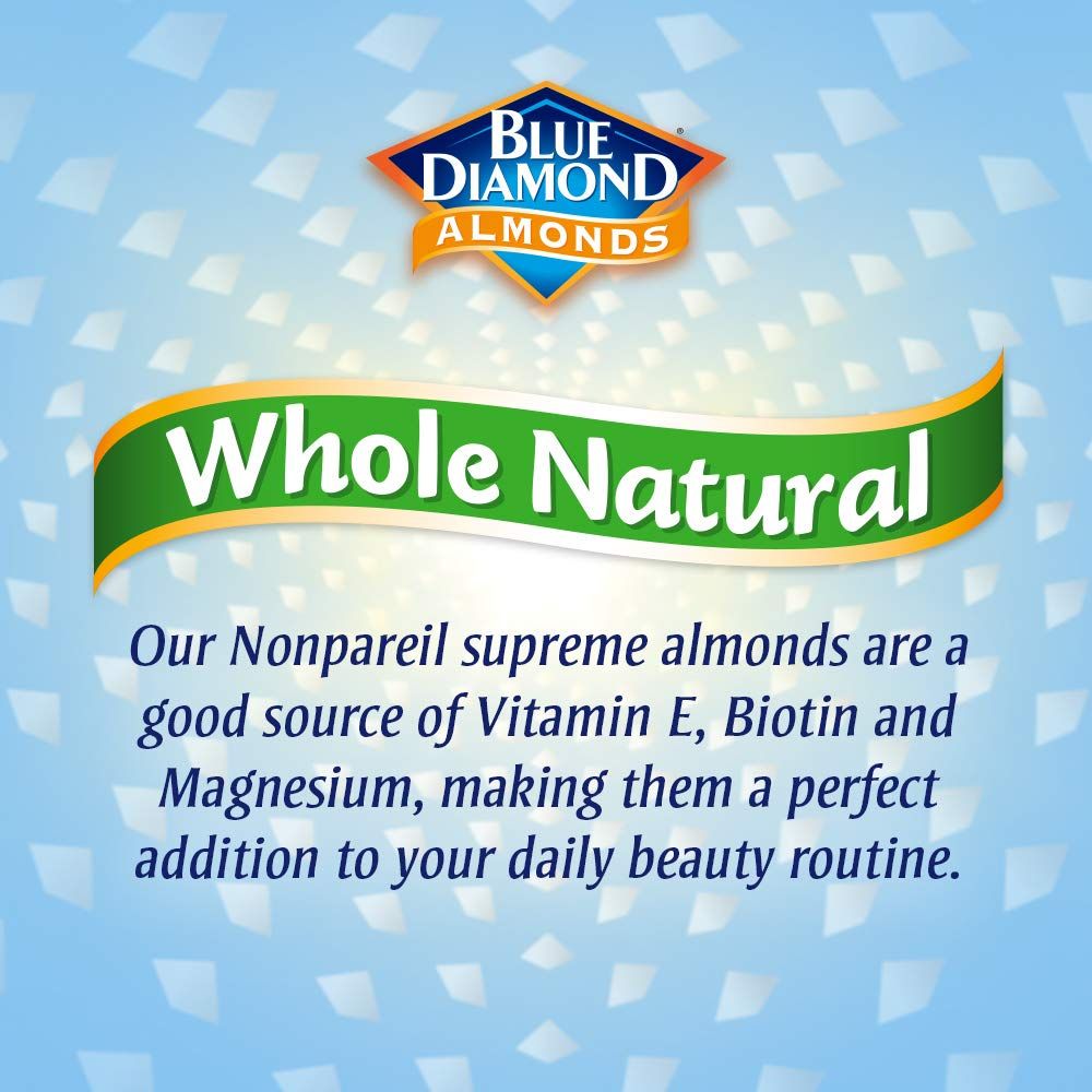 Communicates that the almonds are whole and natural while highlighting their nutritional value as a source of vitamins and minerals for beauty and wellness.