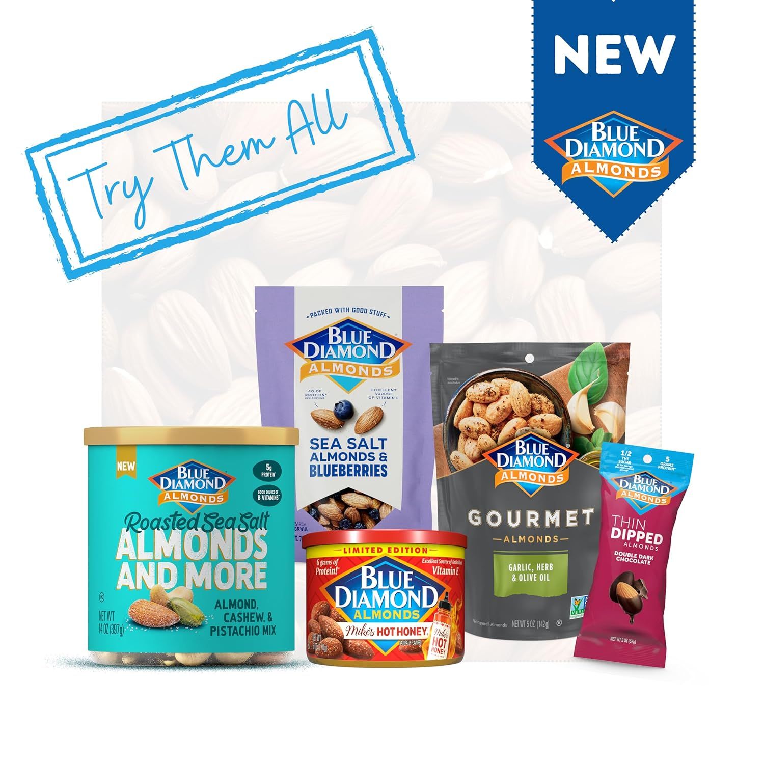 Showcases the Blue Diamond Almonds brand's diverse product portfolio, encouraging shoppers to explore and try multiple varieties from the same trusted brand.