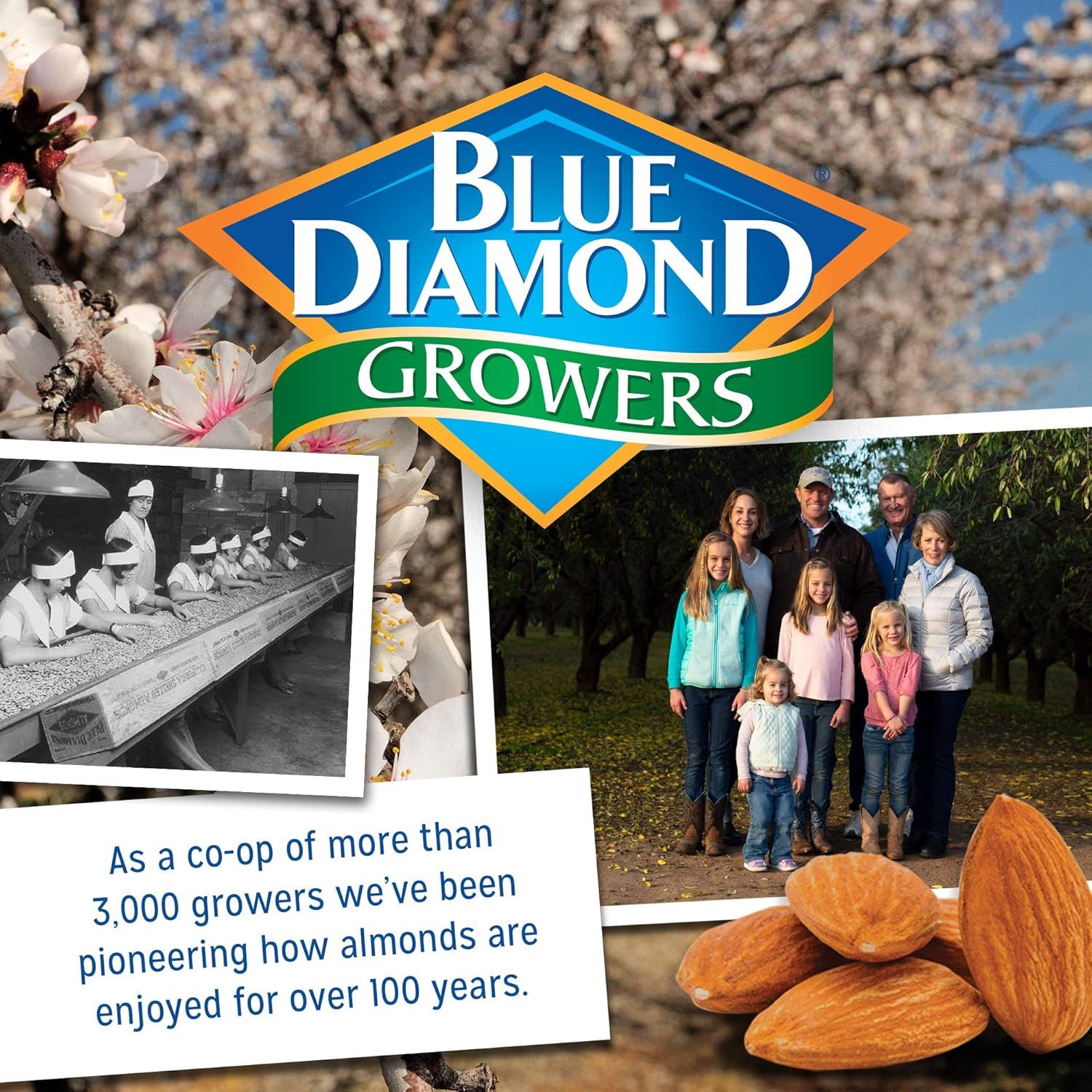 Communicates the brand's heritage and cooperative identity, emphasizing over 100 years of almond growing tradition and the family-owned nature of the growers to build trust and emotional connection.