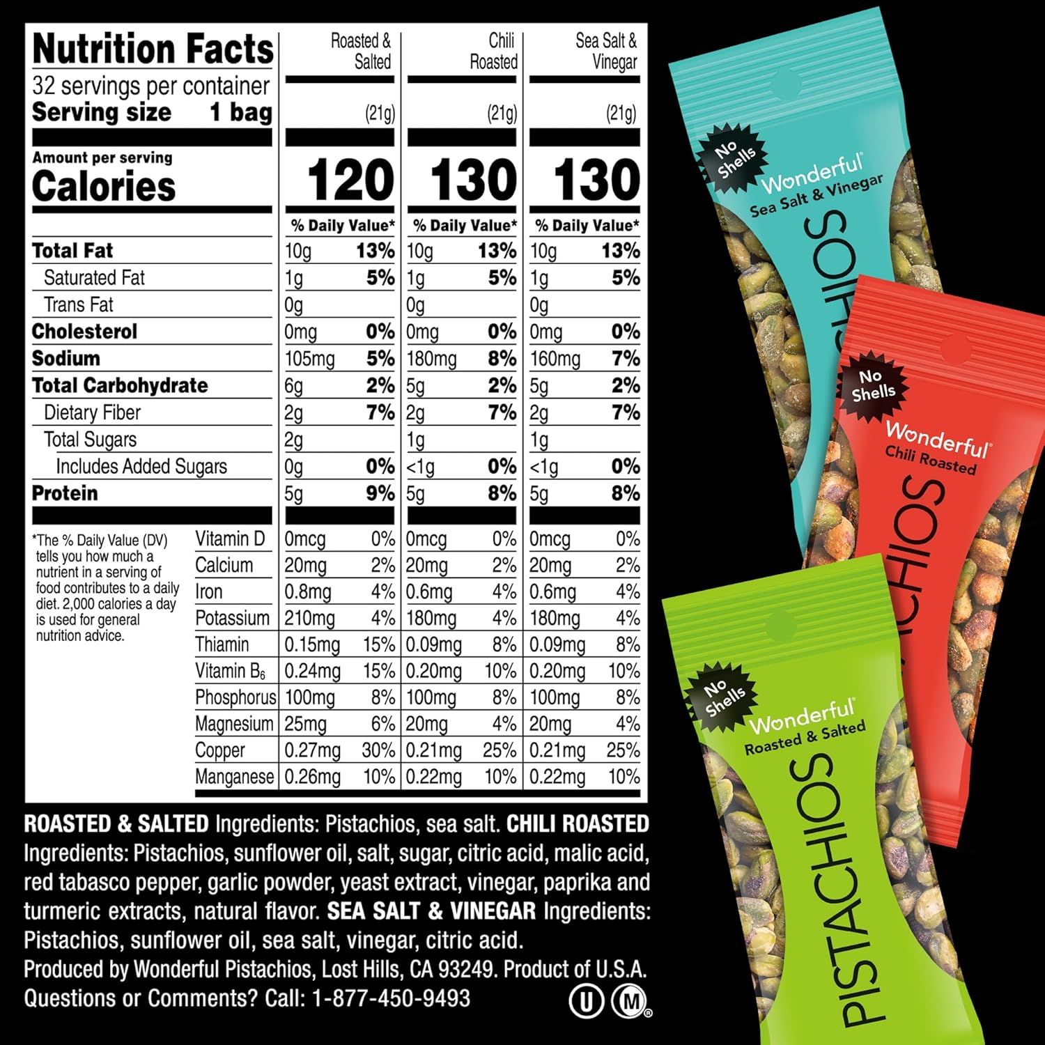 Displays the brand's product lineup with three flavor variants (Roasted & Salted, Chili Roasted, Sea Salt & Vinegar) alongside detailed nutrition facts to help shoppers compare options and choose…