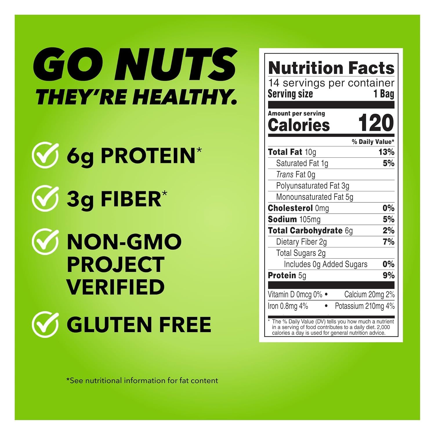 Communicates multiple health benefits and certifications of the product to reassure health-conscious shoppers that the nuts are nutritious and meet dietary preferences.
