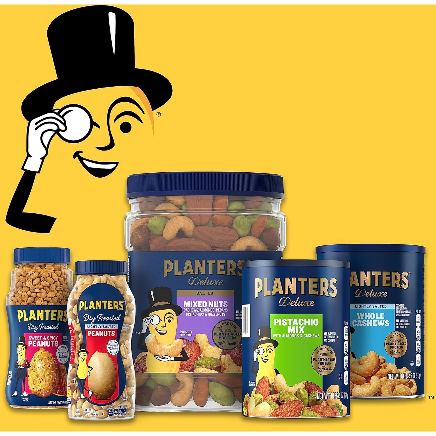 Showcases the Planters brand product portfolio and variety of nut options available, reinforcing brand recognition through the iconic Mr. Peanut mascot and helping shoppers understand the range of…