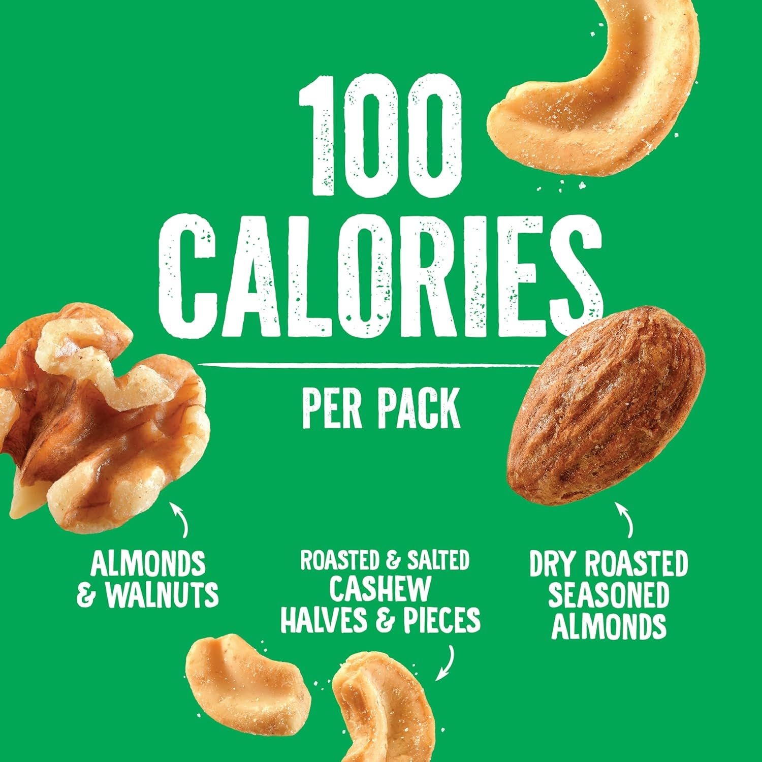 Communicates the low calorie count per pack to appeal to health-conscious shoppers looking for portion-controlled snacking options. Shows the variety of nuts included in the pack to help shoppers…