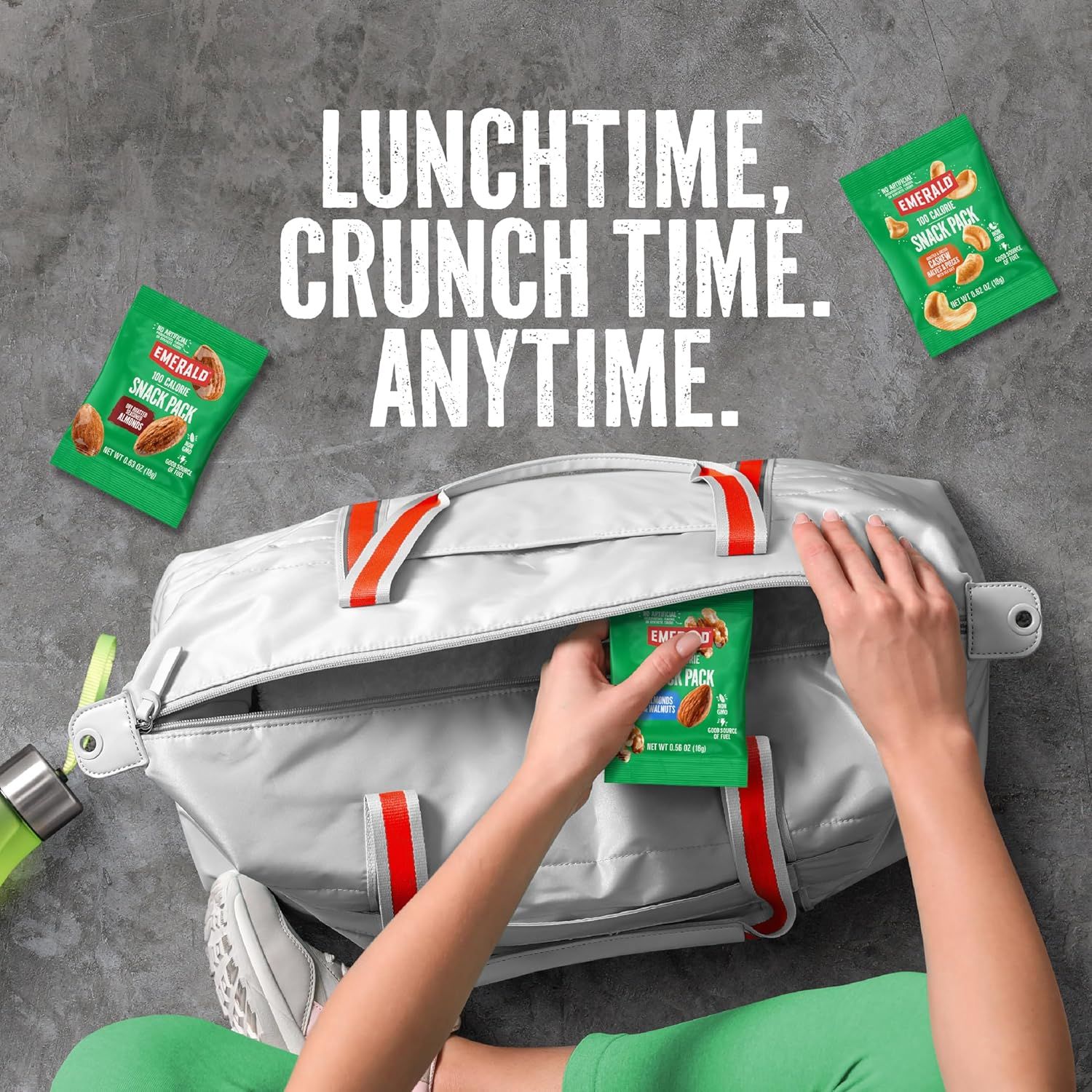 Demonstrates the product's versatility as a convenient snack for multiple occasions—lunchtime, snack breaks, and anytime snacking—emphasizing portability and ease of use. Communicates the core…