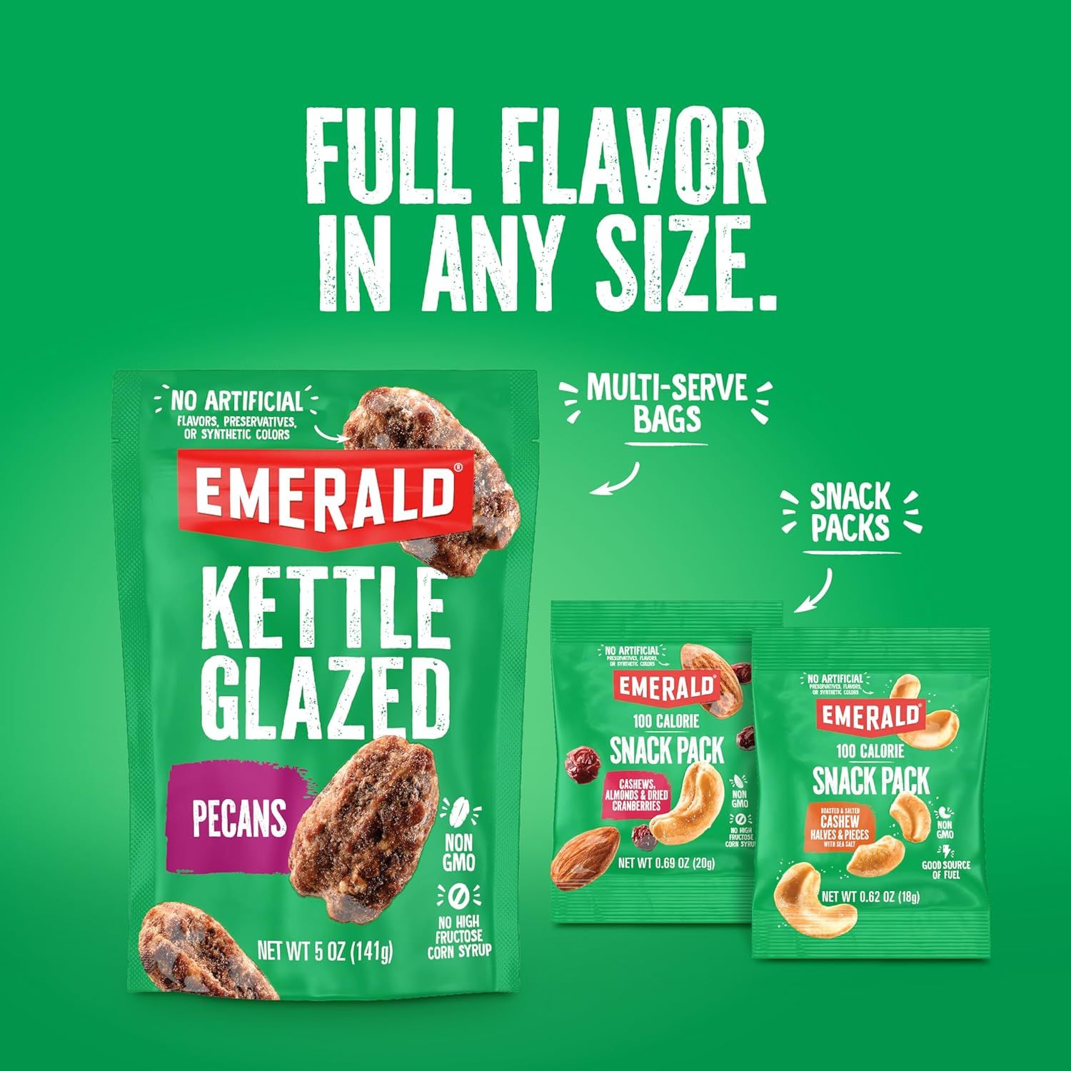 Showcases the brand's product portfolio by displaying different package sizes and formats available, helping shoppers understand the variety of options within the Emerald product line.