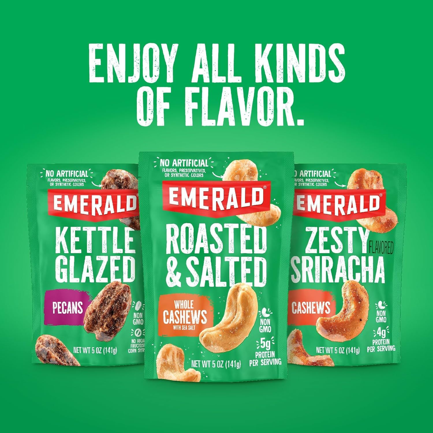 Showcases the brand's product portfolio by displaying three different flavor options side-by-side, helping shoppers understand the variety available and encouraging them to explore multiple options…