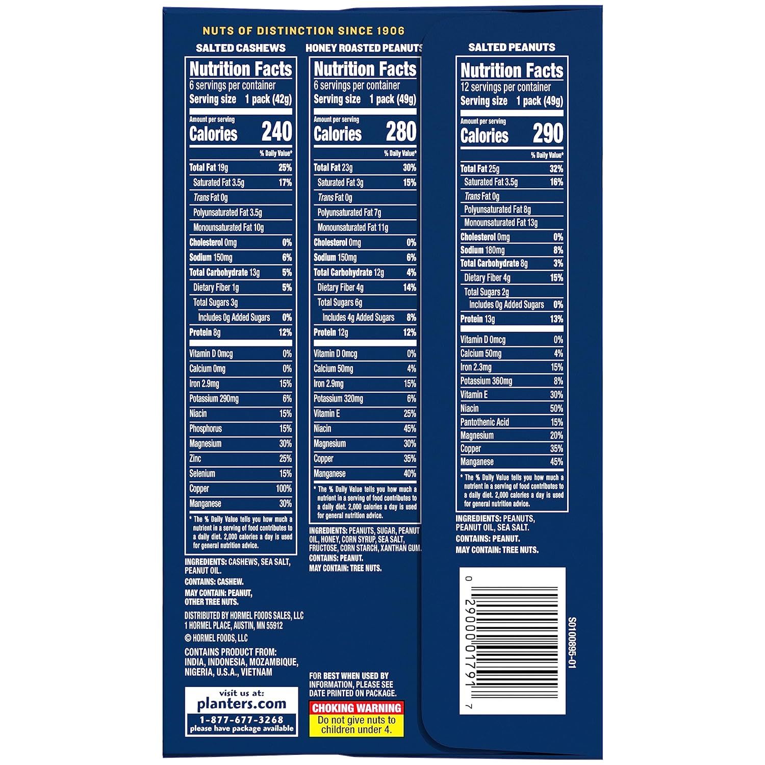 Showcases the brand's product portfolio (three nut varieties) and reinforces brand heritage with 'Nuts of Distinction Since 1906' messaging to build trust and help shoppers compare options within…