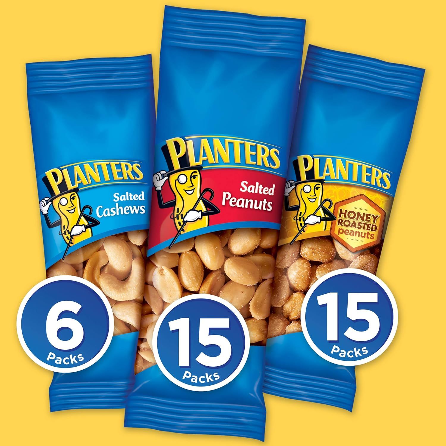 Displays the Planters brand's product variety, showing three different nut options (Salted Cashews, Salted Peanuts, and Honey Roasted Peanuts) with pack count information to help shoppers understand…
