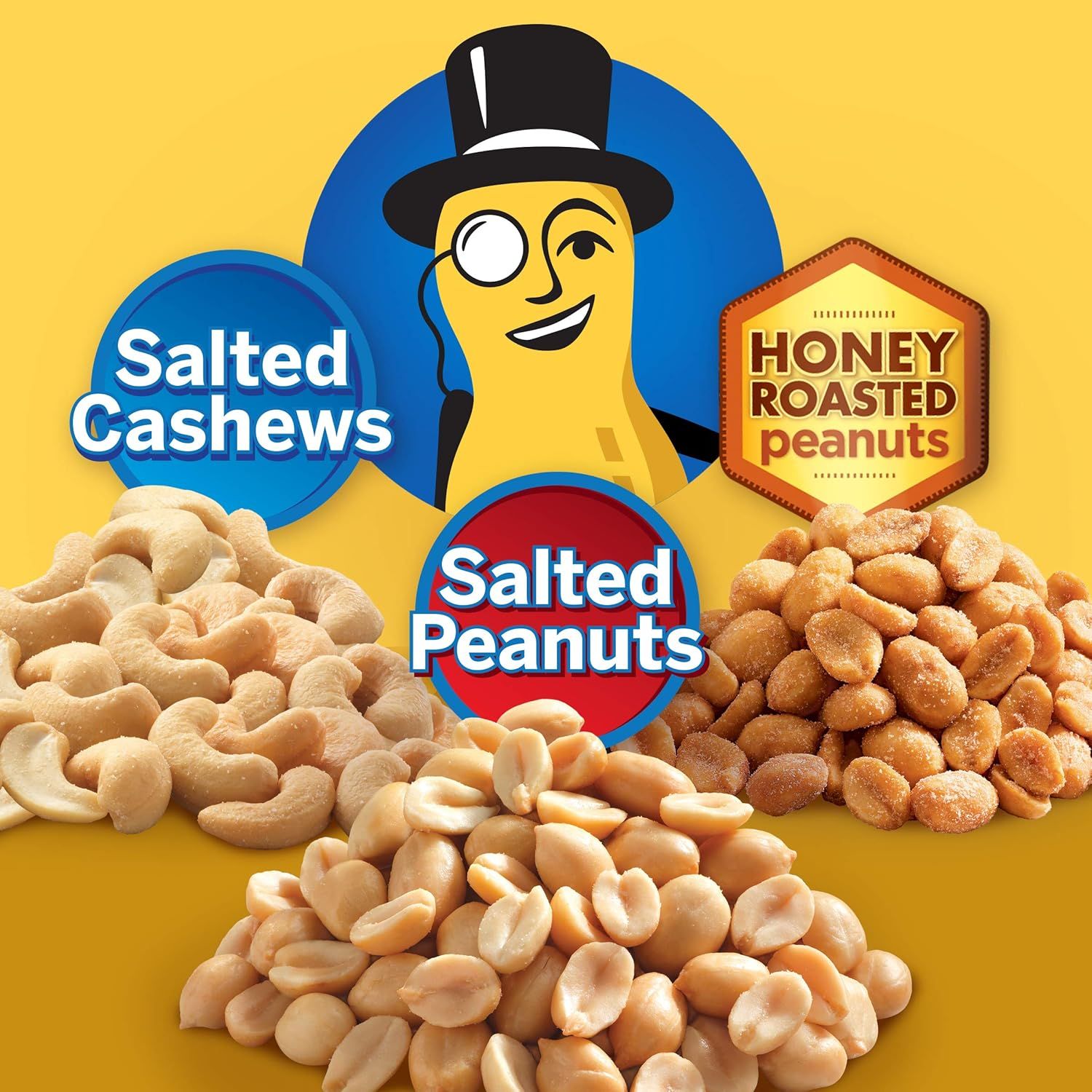 Showcases the brand's product portfolio by displaying multiple nut varieties (salted cashews, salted peanuts, honey roasted peanuts) available from the brand, helping shoppers understand the range…