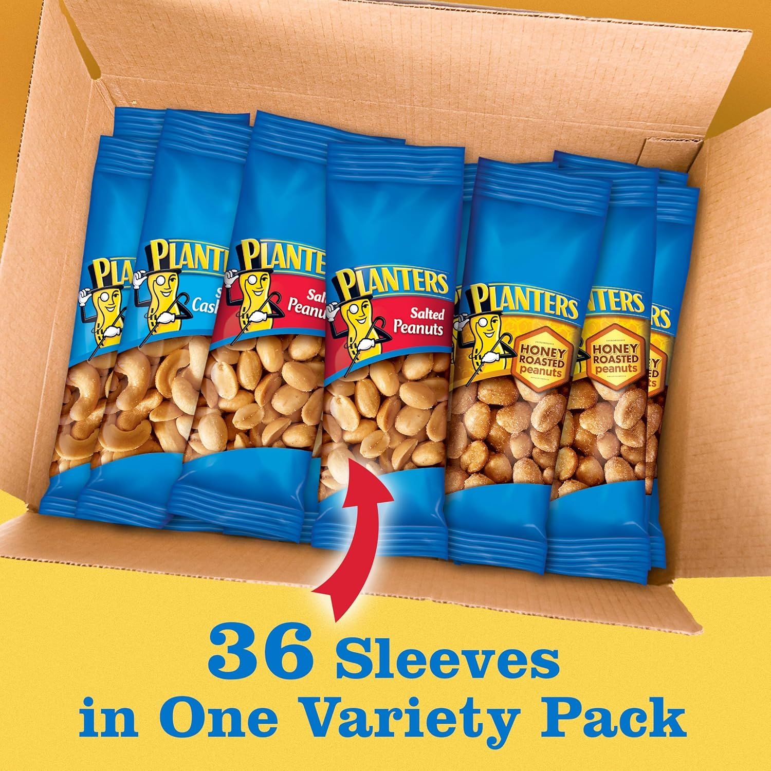 Shows the customer exactly what they receive in the variety pack—36 individual sleeves of different Planters peanut varieties (Cashews, Salted Peanuts, Honey Roasted Peanuts) to communicate value…