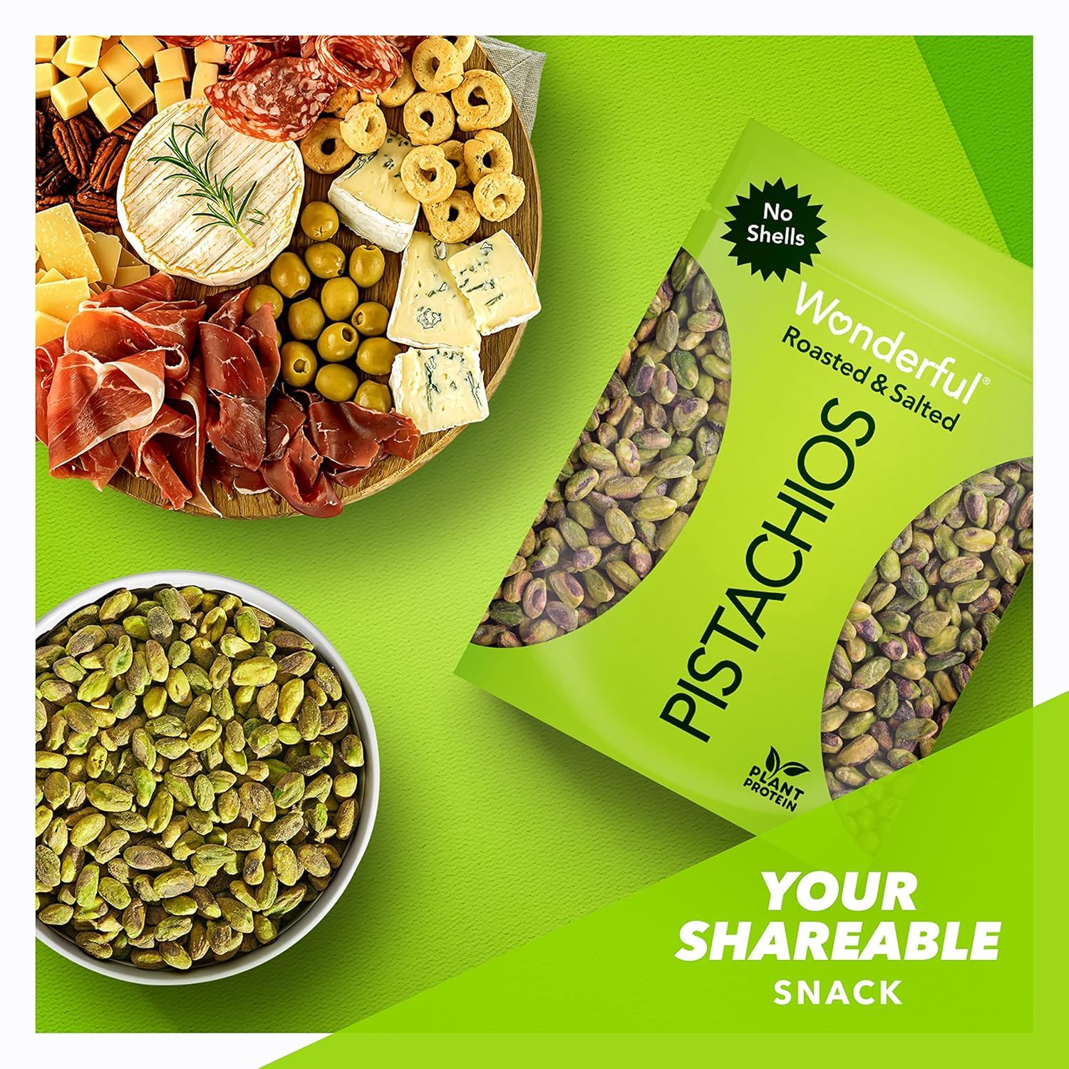 Demonstrates multiple use cases for the pistachios—as a standalone snack, as part of a charcuterie board, and as a shareable entertaining option—to show versatility and appeal to different…