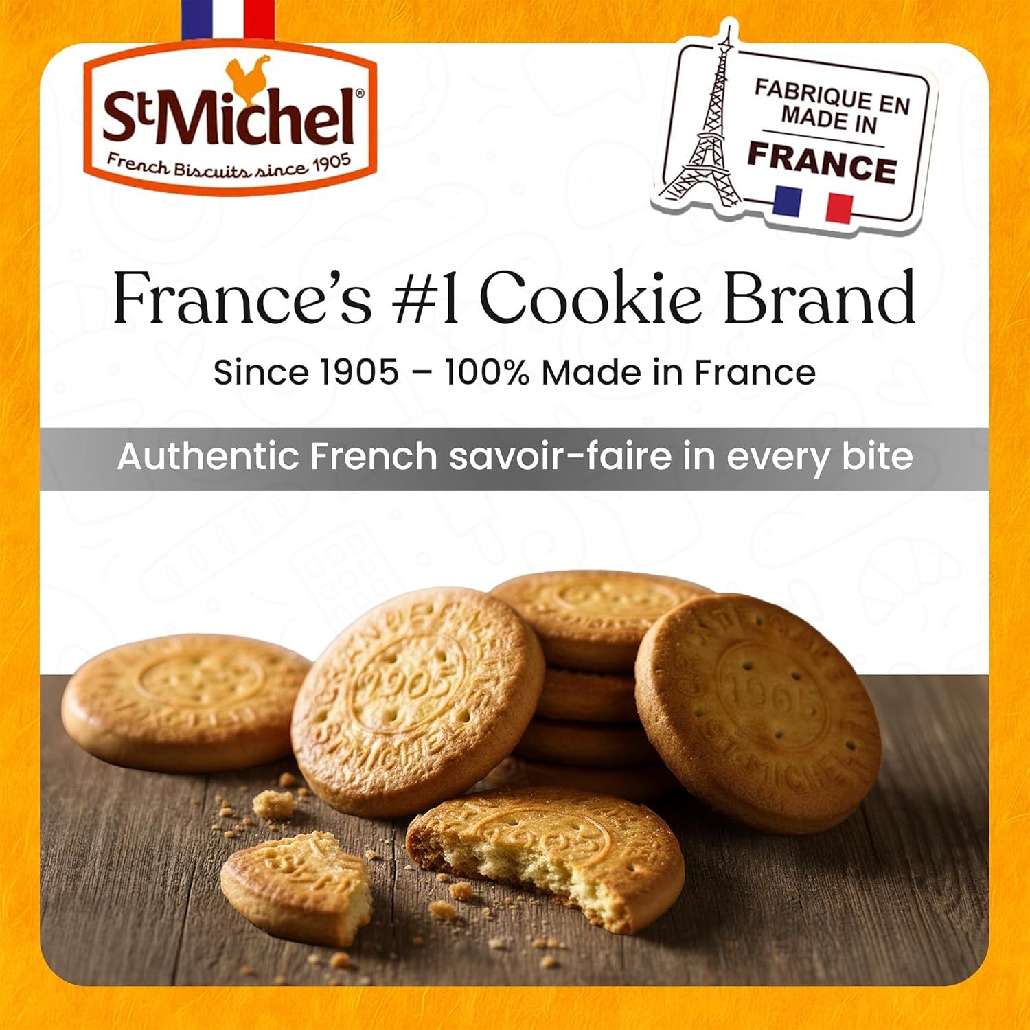Communicates the brand's heritage, authenticity, and market leadership position to build trust and emotional connection with shoppers seeking authentic French biscuits.