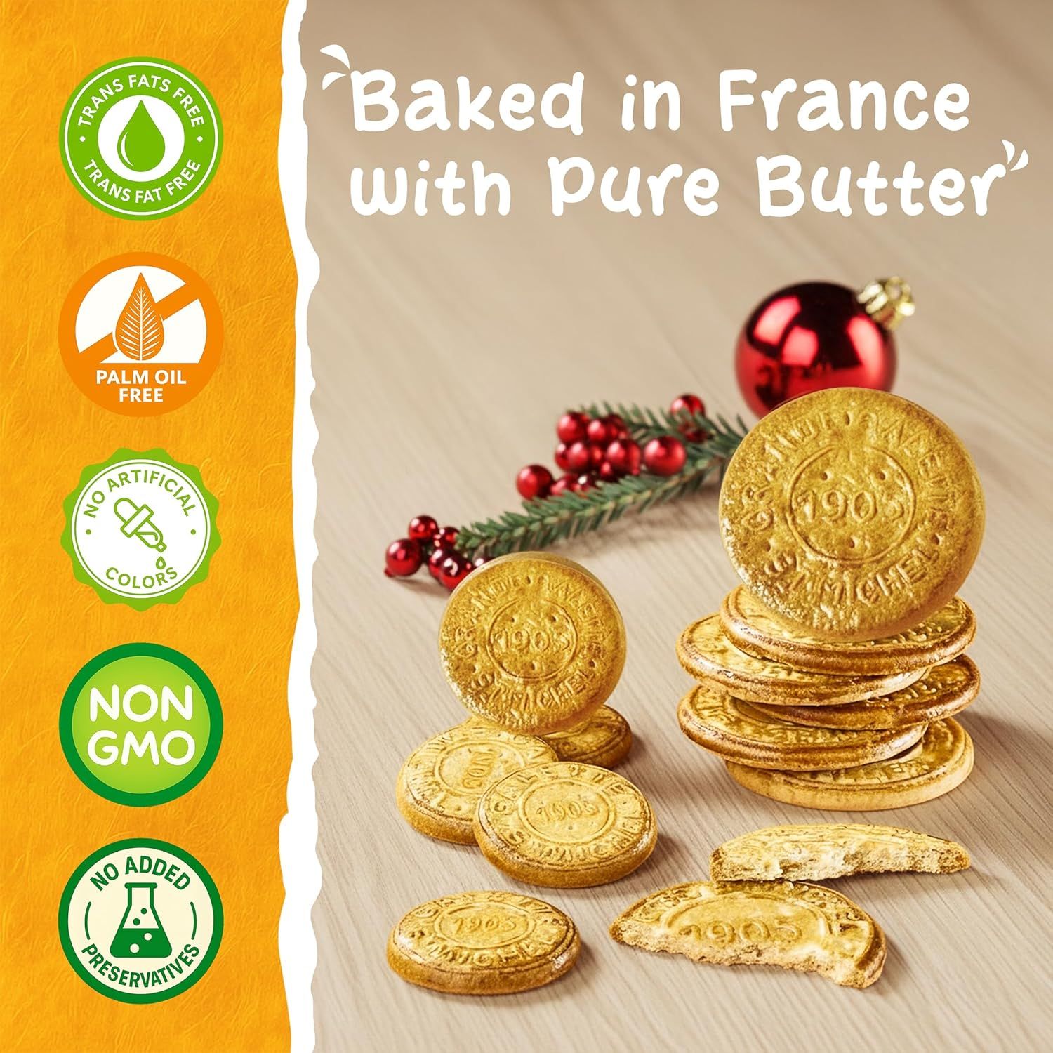 Communicates multiple health and quality benefits through certification badges to reassure shoppers about the product's clean ingredients and responsible sourcing. Positions the product as a holiday…