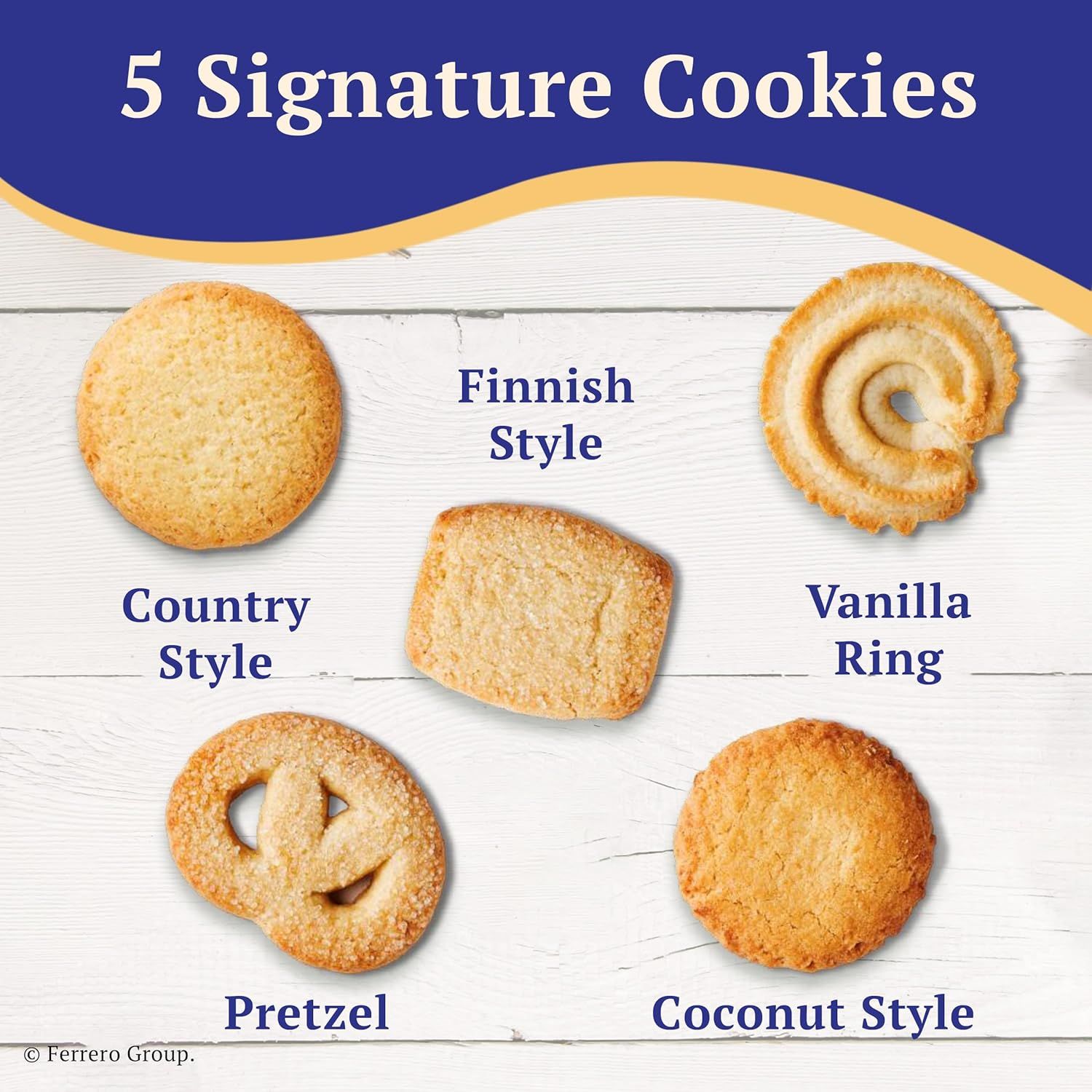 Displays the brand's product portfolio of 5 signature cookie varieties to help shoppers understand the different options available and choose their preferred style.