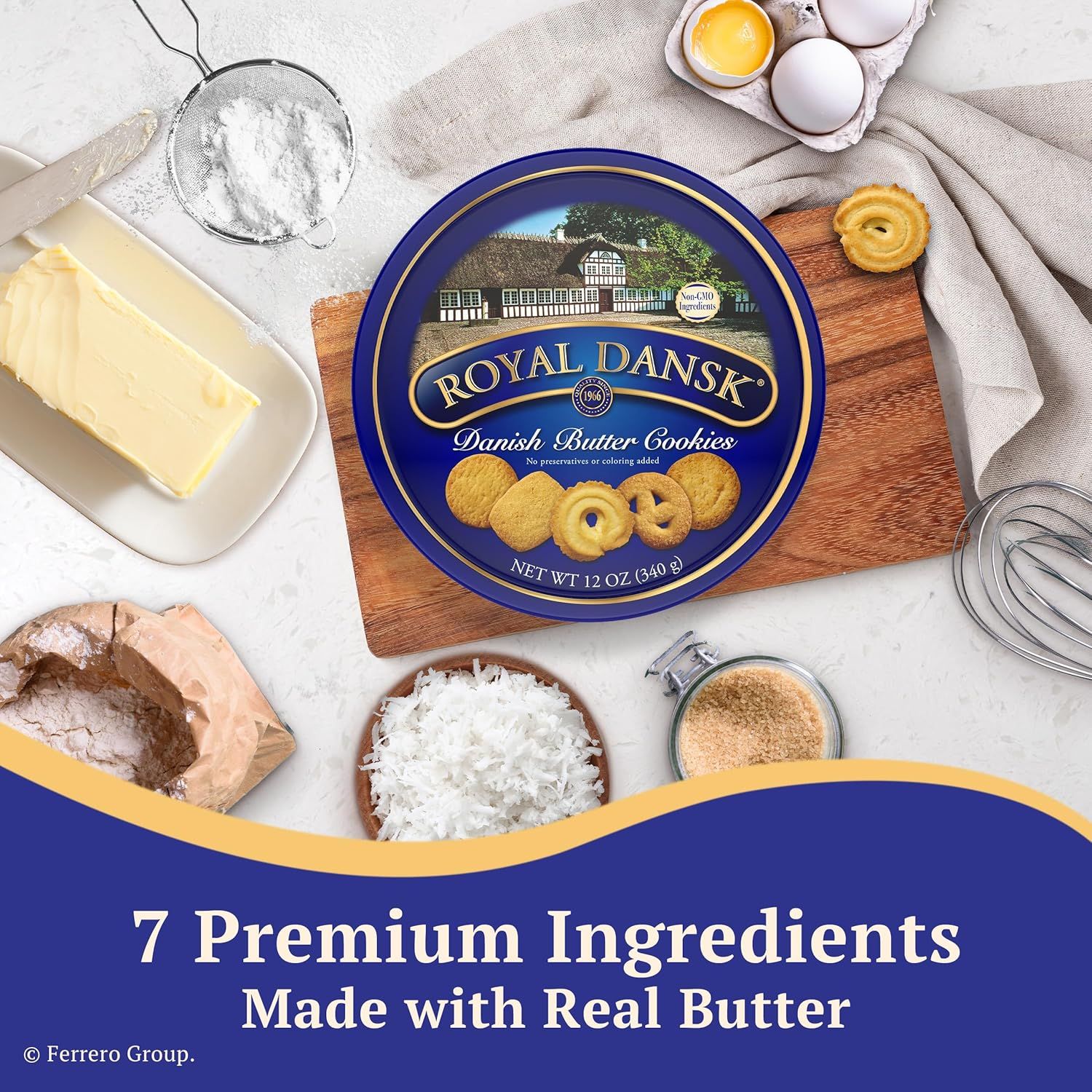 Communicates the quality and authenticity of the product by highlighting that it contains 7 premium ingredients and is made with real butter, reassuring shoppers of superior taste and natural…