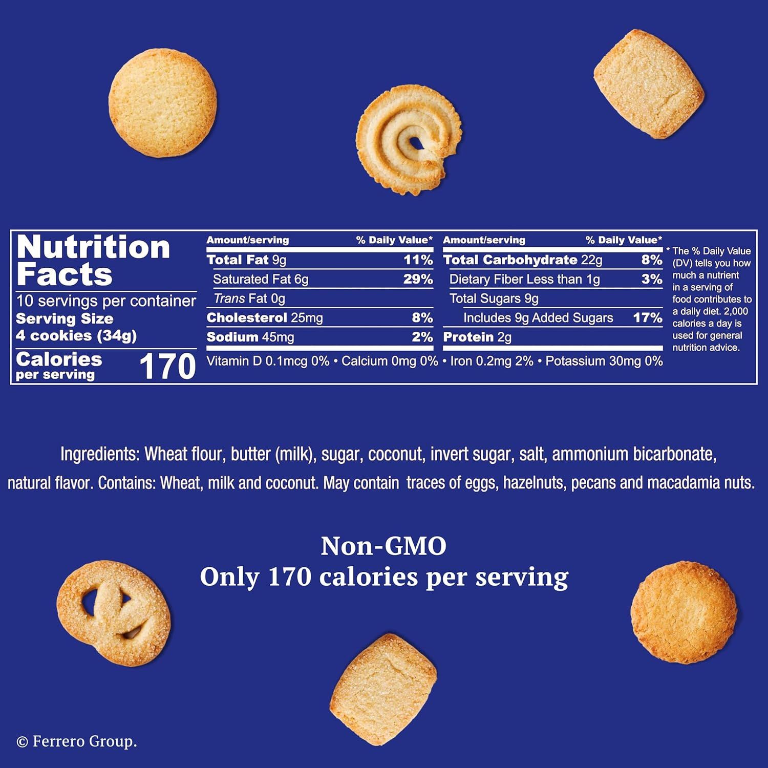 Communicates multiple selling points including Non-GMO certification and low calorie count (170 per serving) alongside full nutrition facts to reassure health-conscious shoppers.