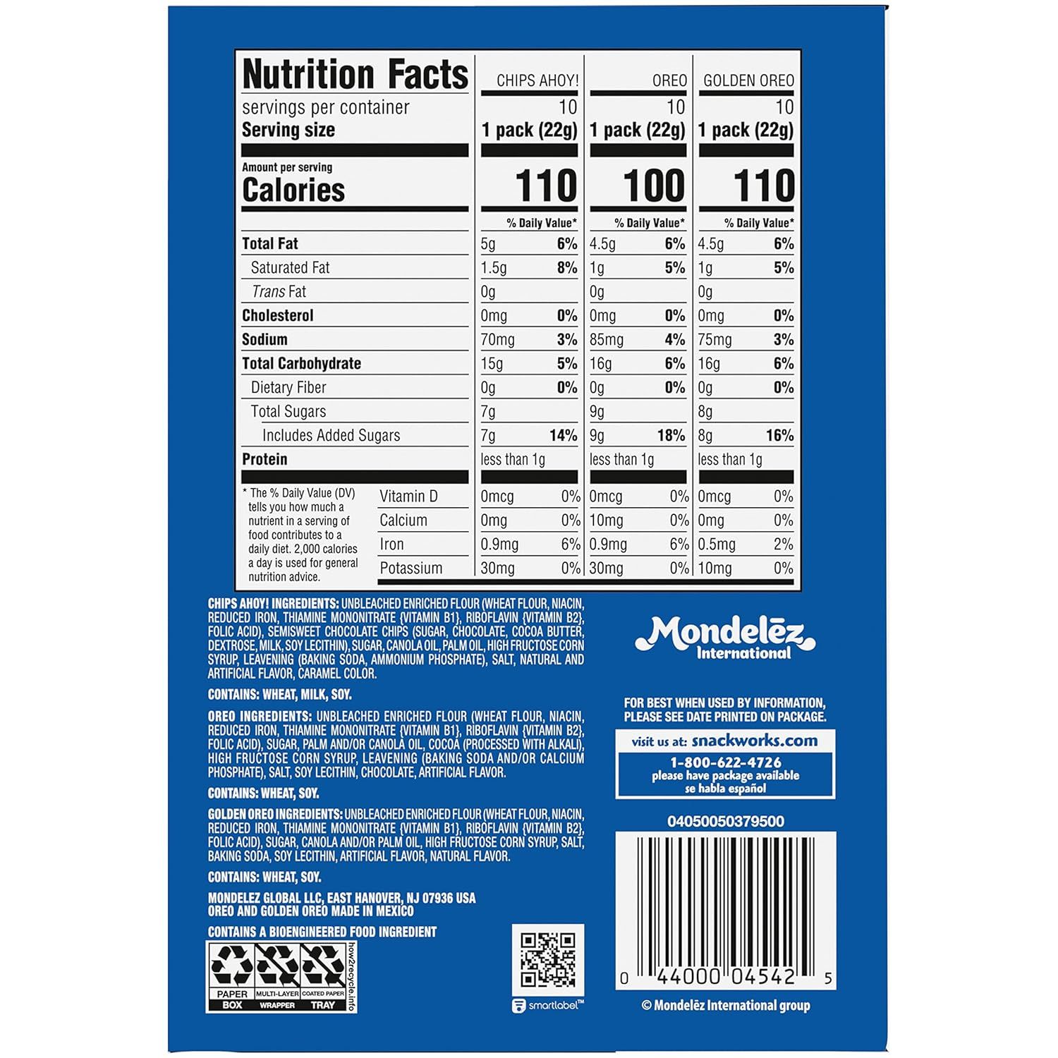 This image provides a detailed nutritional comparison across three product variants (Chips Ahoy, Oreo, Golden Oreo) to help shoppers make informed choices based on calorie content, ingredients, and…