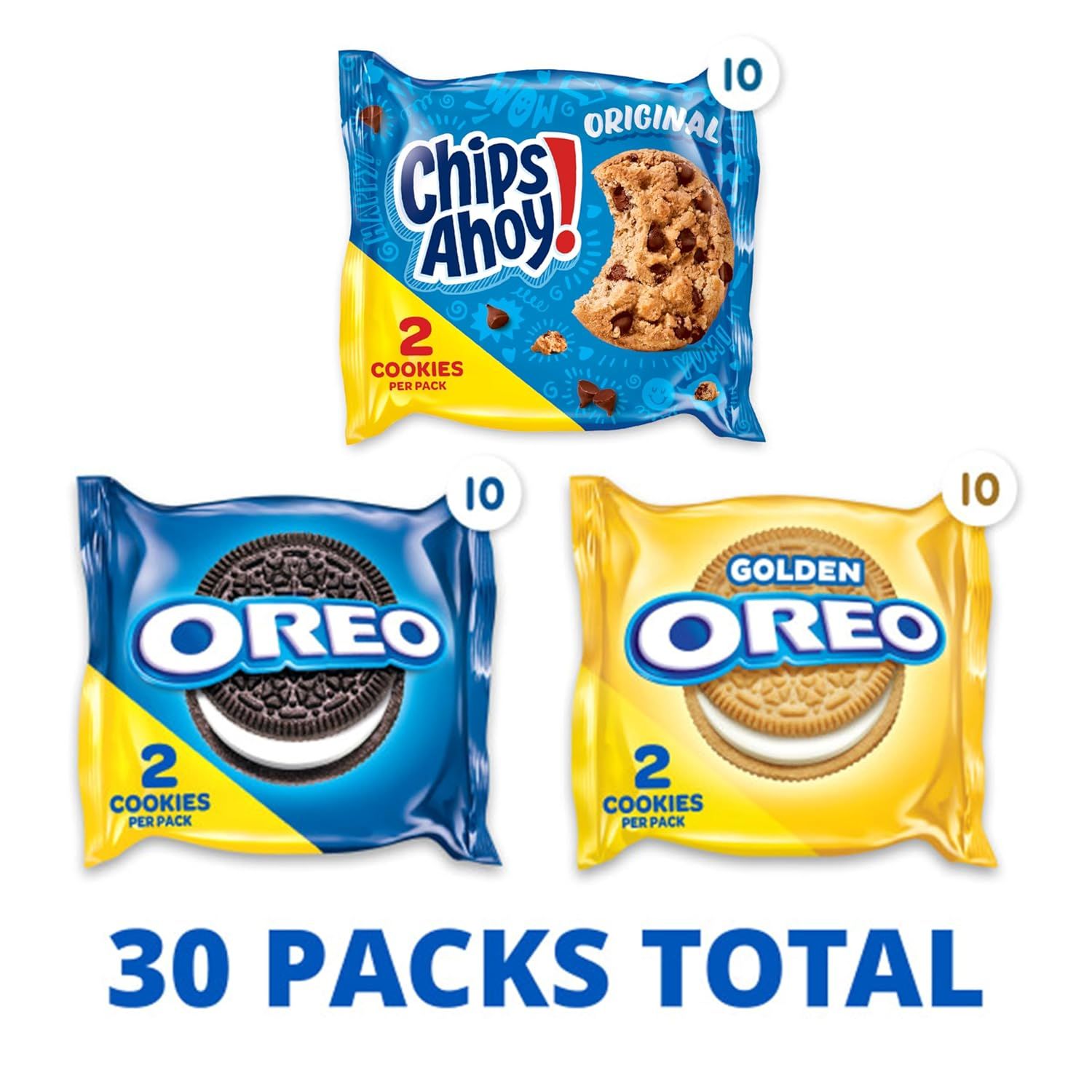 Shows shoppers exactly what they receive in the variety pack: 10 packs each of Chips Ahoy Original, Oreo, and Golden Oreo cookies, with 2 cookies per pack, totaling 30 packs.