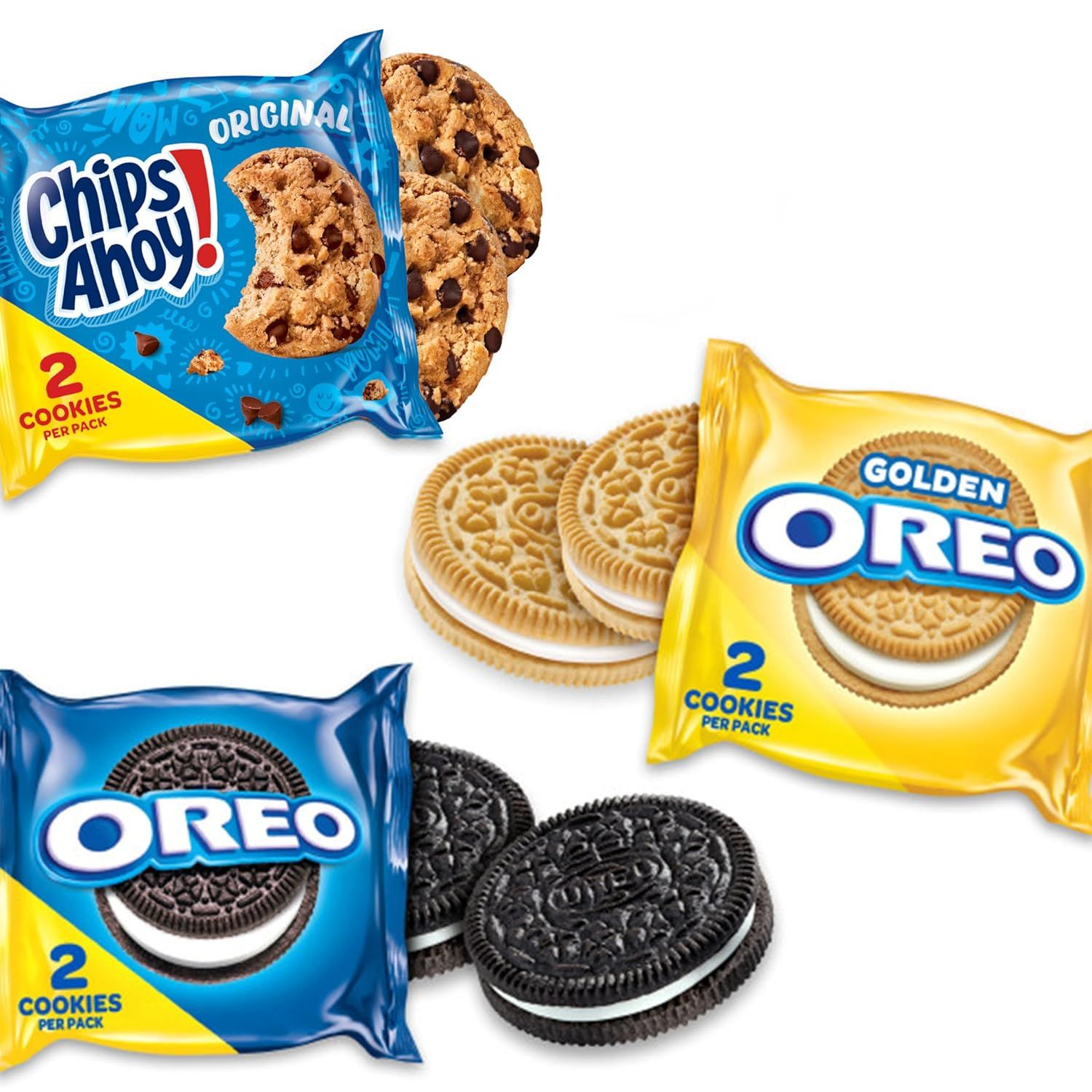 Displays the brand's variety of cookie options (Chips Ahoy, Golden Oreo, and Original Oreo) to help shoppers understand the available product variants and choose their preferred option.