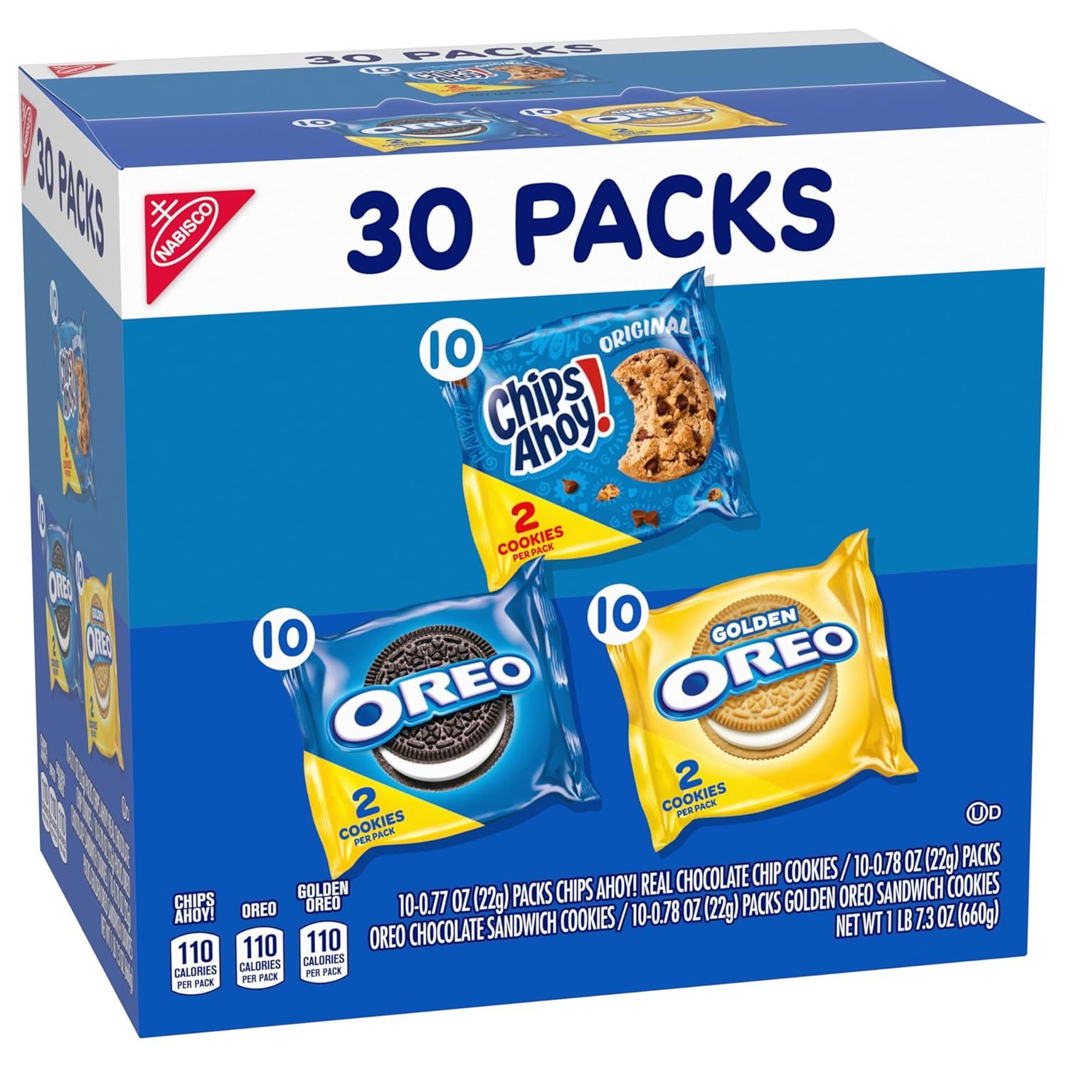 Showcases the brand's product portfolio by displaying three different cookie varieties (Chips Ahoy, Oreo, and Golden Oreo) in one variety pack, helping shoppers understand the assortment included in…