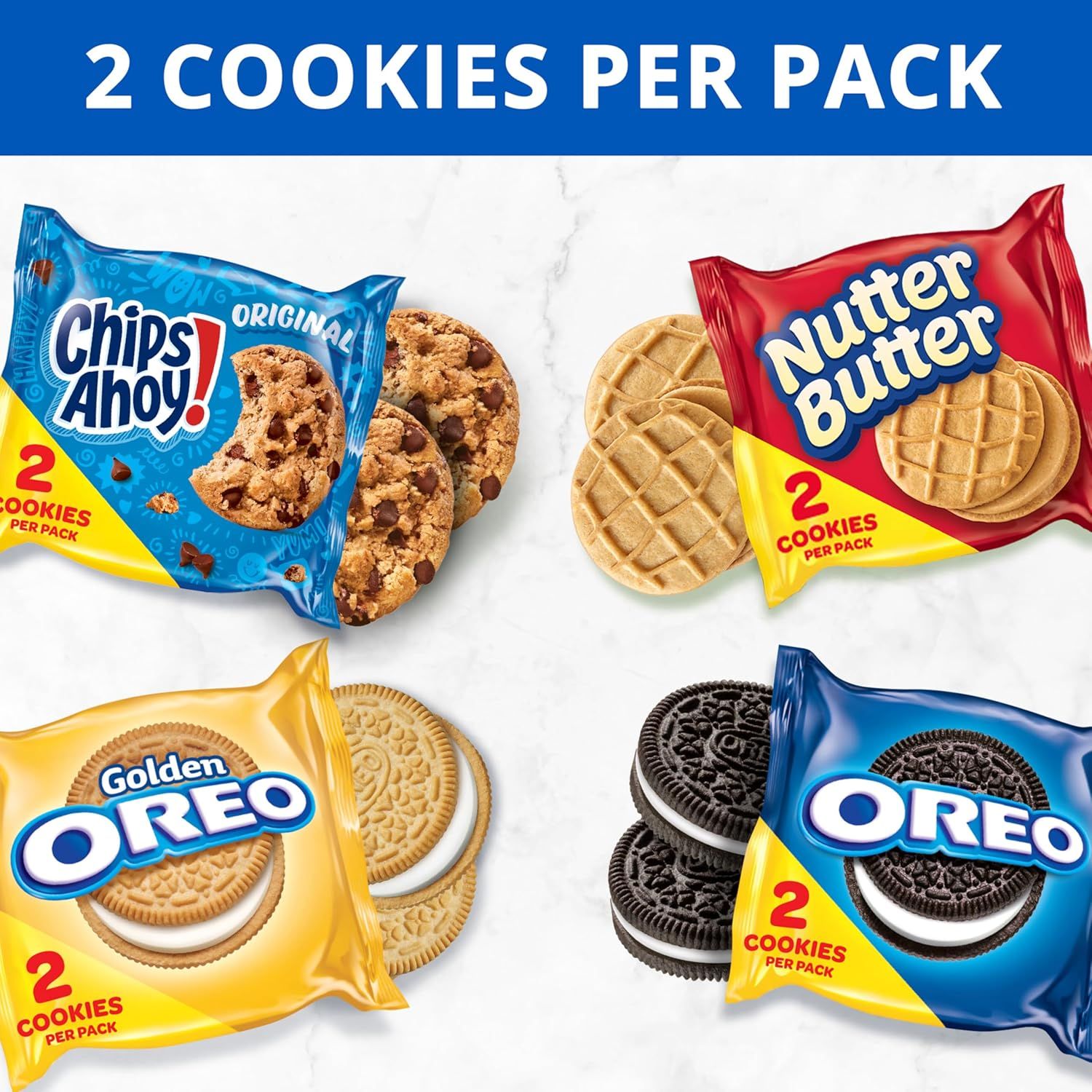 Displays the brand's product portfolio of cookie varieties to help shoppers understand the different options available within the same product line, all featuring the '2 cookies per pack' format.