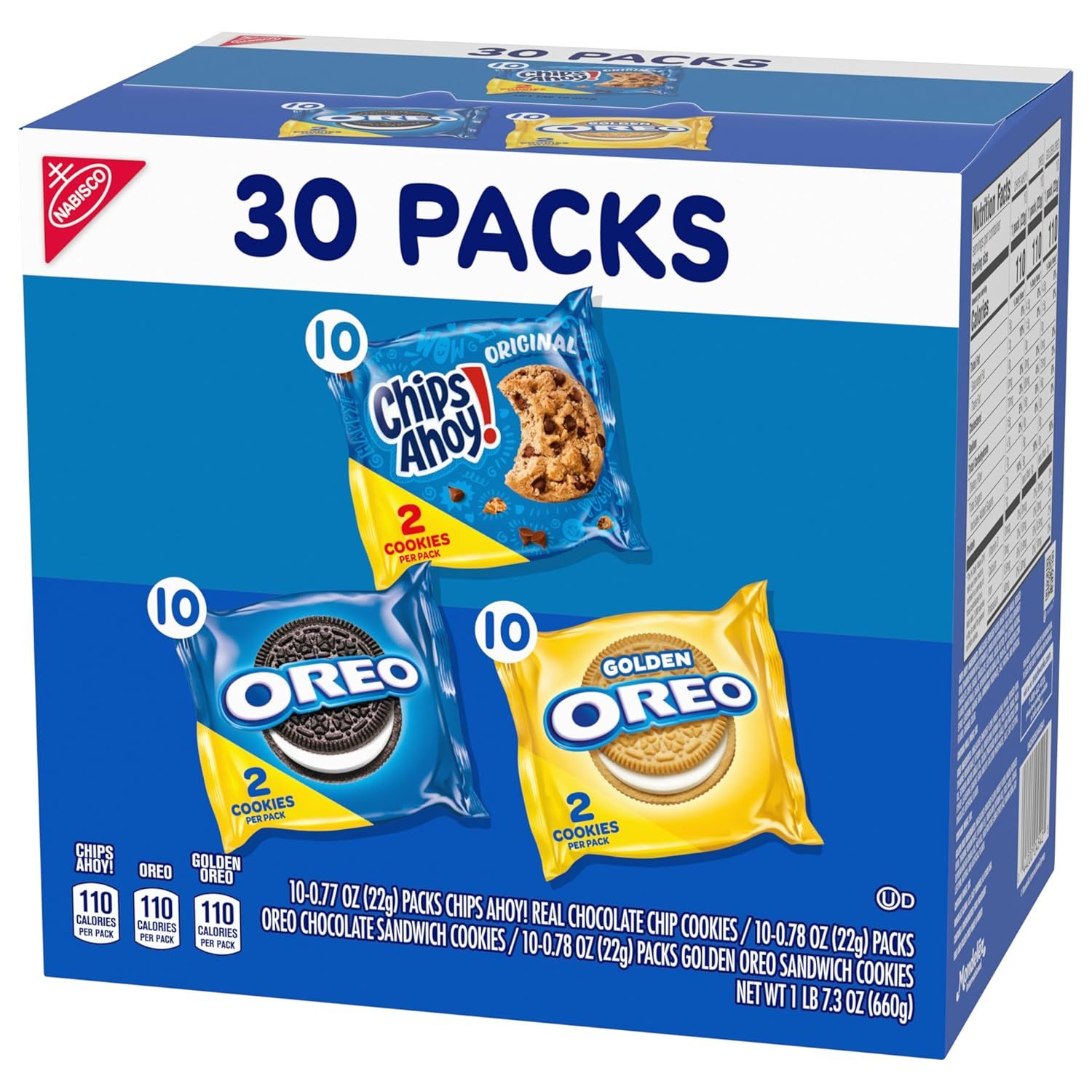 Shows shoppers exactly what's included in the variety pack—the three cookie types, quantities of each, and total pack count—to help them understand the bundle value and variety.