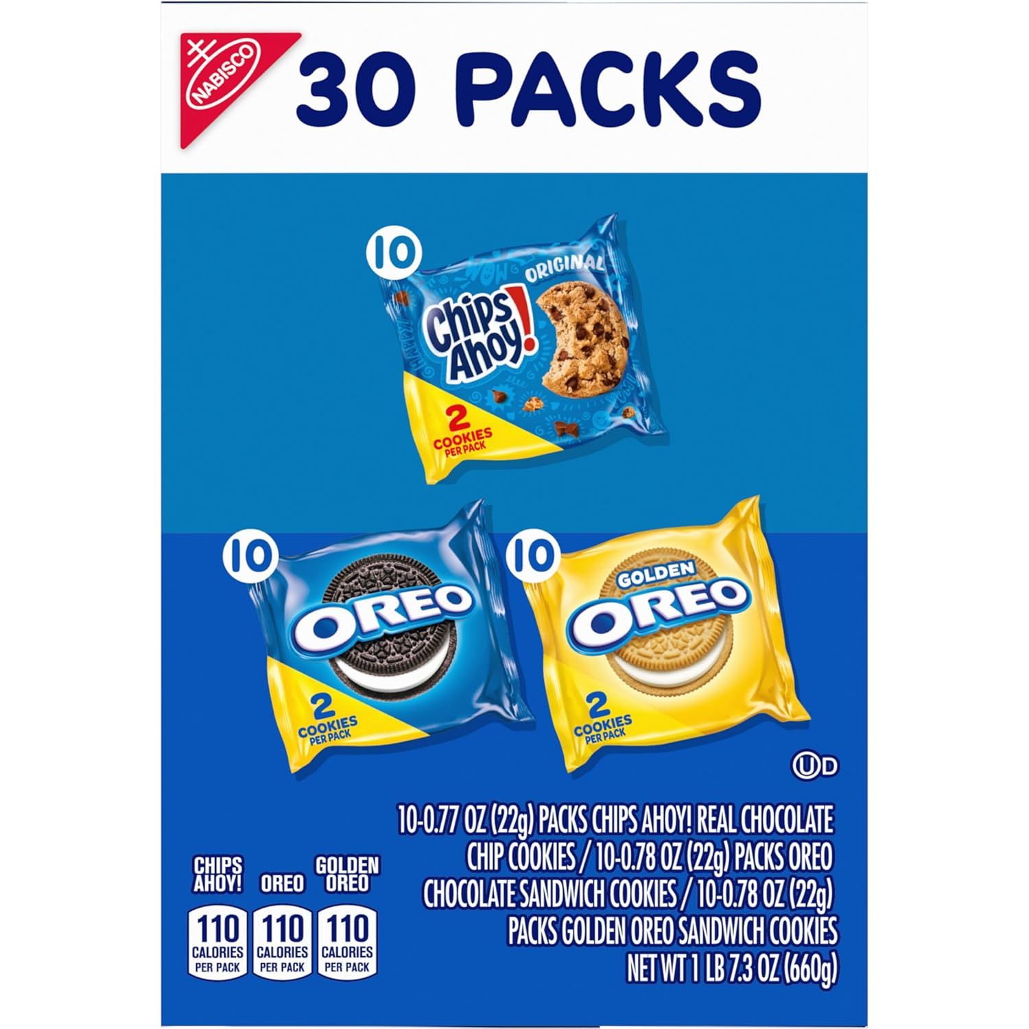 Showcases the brand's product lineup by displaying three different cookie varieties (Chips Ahoy, Oreo, and Golden Oreo) available in this variety pack, helping shoppers understand the assortment…