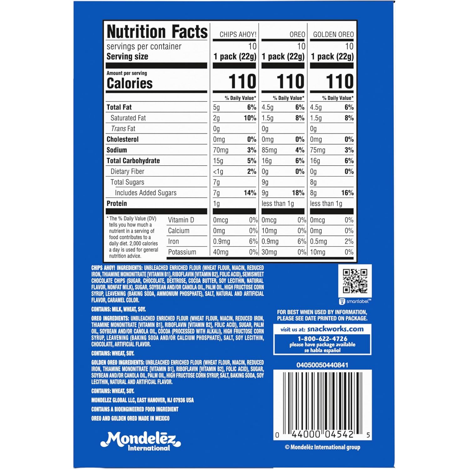 This image helps shoppers compare nutritional information across three different product varieties (Chips Ahoy, Oreo, and Golden Oreo) within the brand's portfolio, enabling informed choice based on…