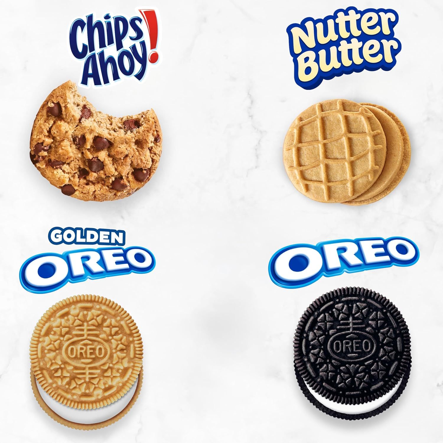 Displays the brand's product portfolio showing four different cookie varieties (Chips Ahoy!, Nutter Butter, Golden Oreo, and Oreo) to help shoppers understand the available options within the…