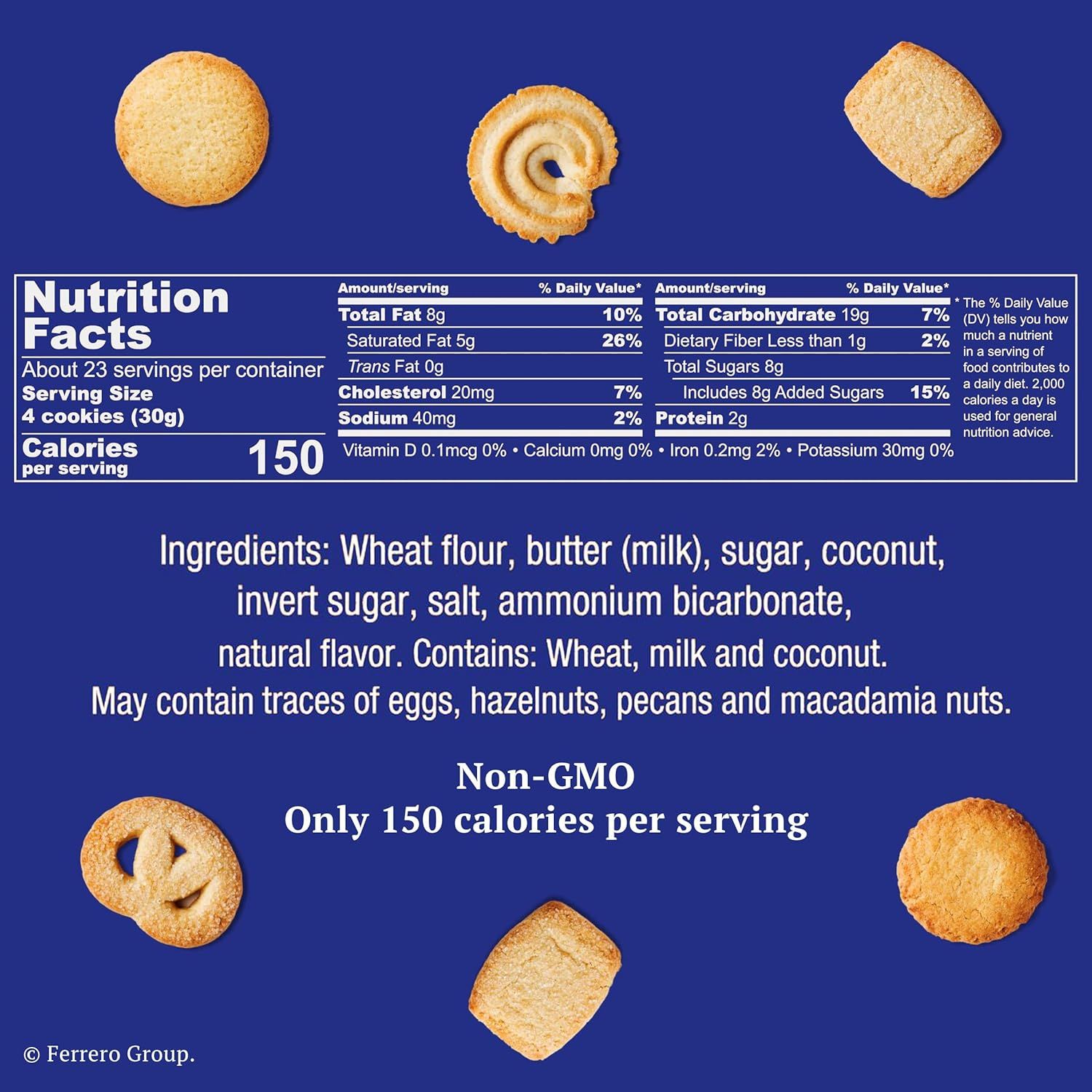 Communicates multiple selling points including Non-GMO certification and low calorie count (150 calories per serving) to appeal to health-conscious shoppers.