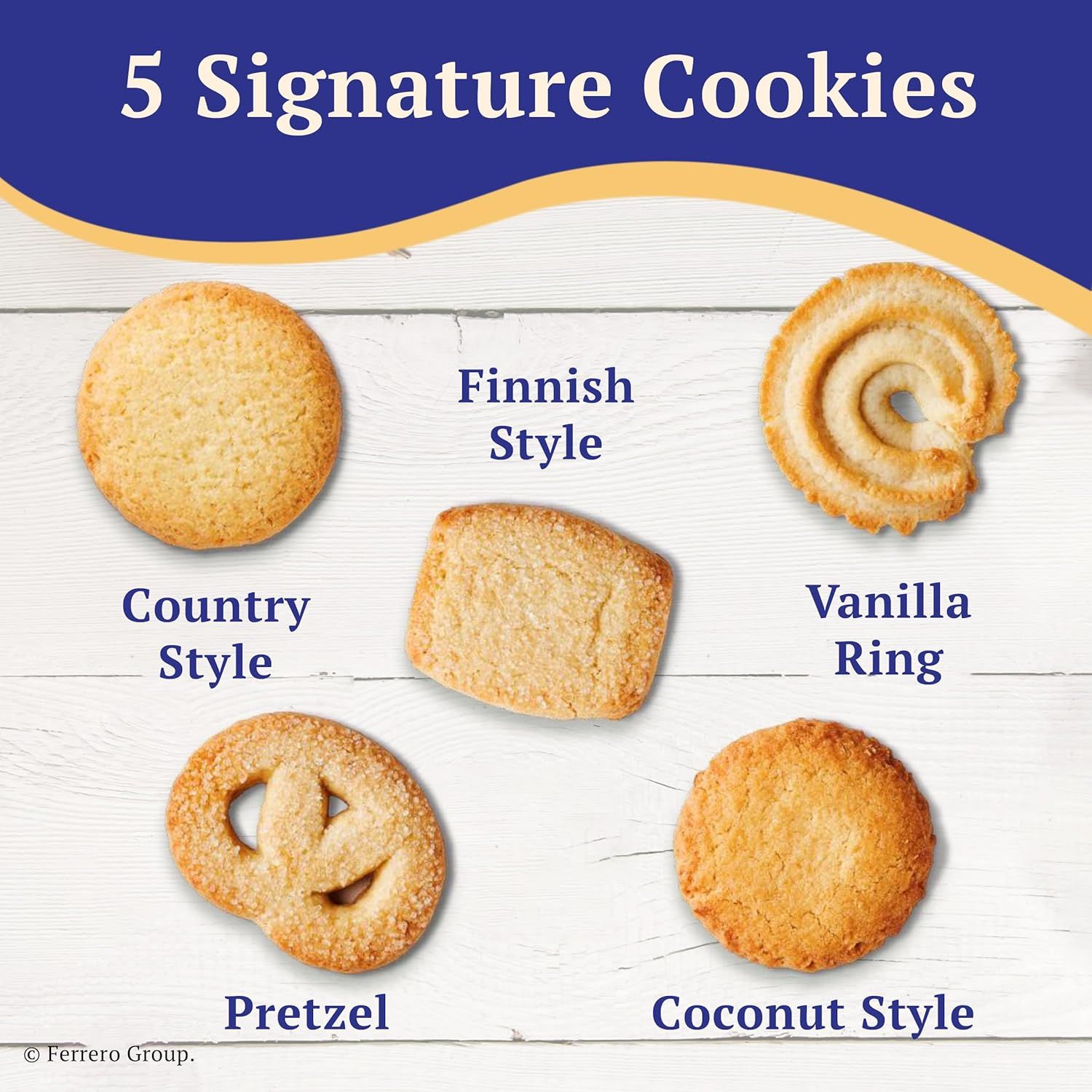 Showcases the brand's product portfolio by displaying five different signature cookie styles available in the product line, helping shoppers understand the variety and choose their preferred option.