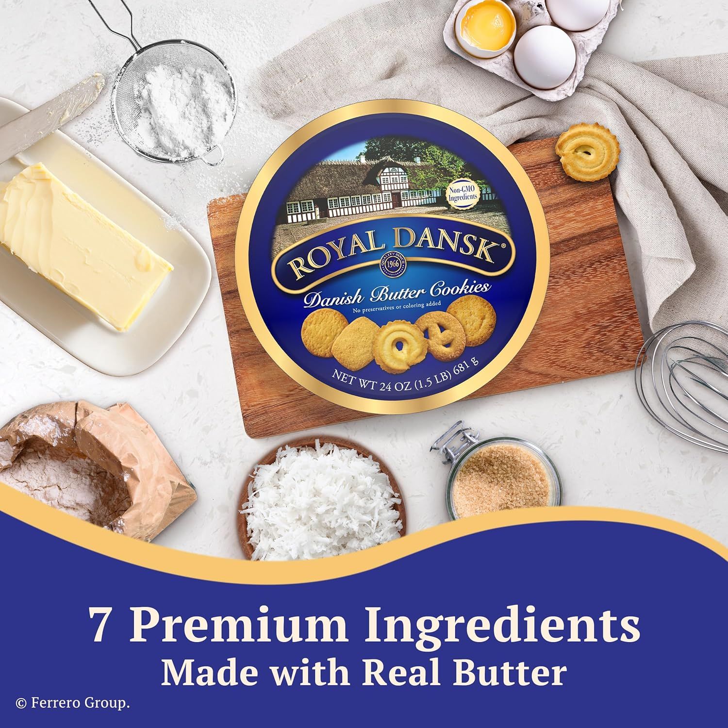 Communicates the quality and authenticity of the product by highlighting that it is made with 7 premium ingredients including real butter, reassuring shoppers about ingredient quality.