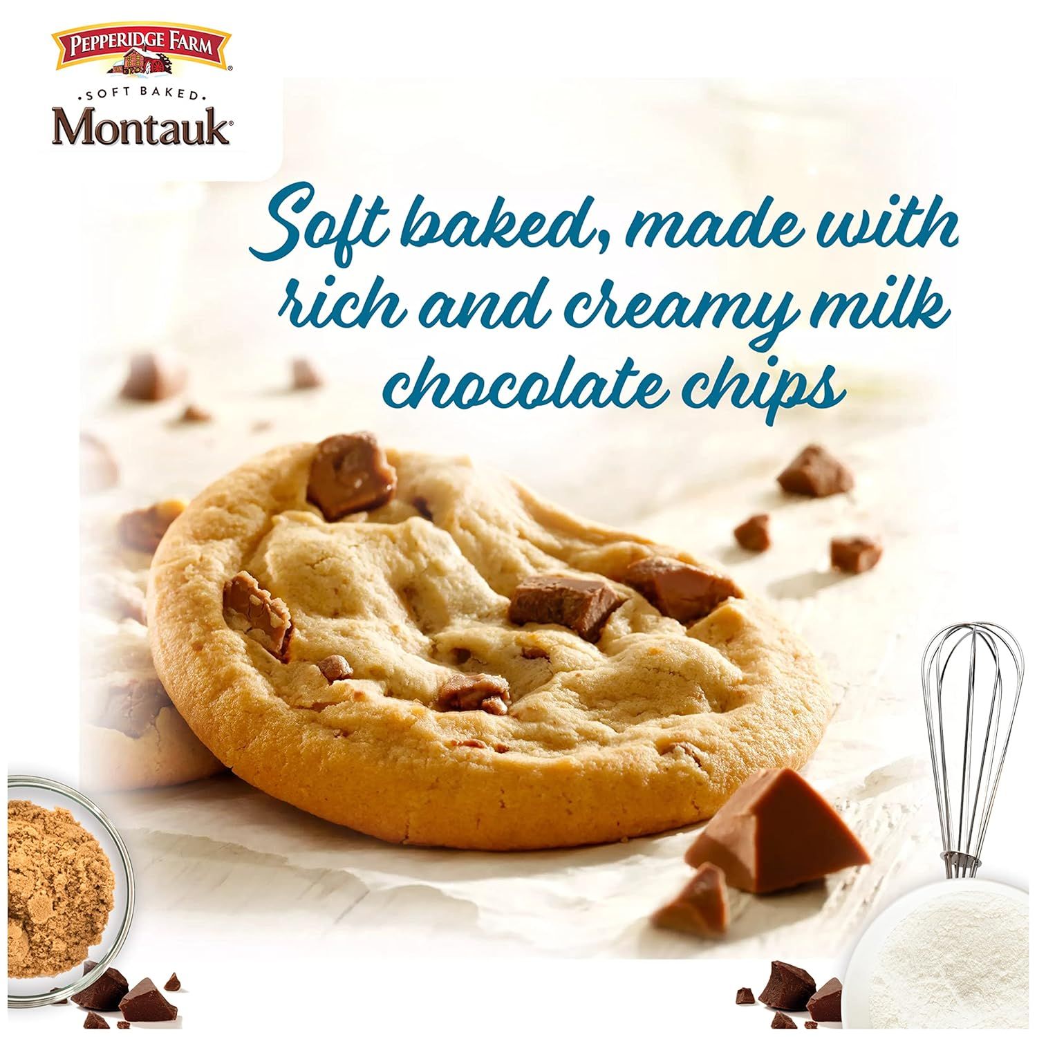 Communicates the premium quality and indulgent texture of the cookies, emphasizing the soft-baked nature and rich milk chocolate chips to appeal to shoppers seeking a high-quality, delicious cookie…