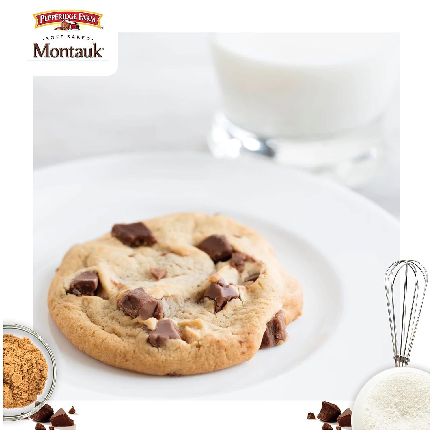 Showcases the Pepperidge Farm Montauk cookie in an appealing, real-world setting with baking ingredients to evoke a homemade, quality experience and make the product feel inviting and desirable.