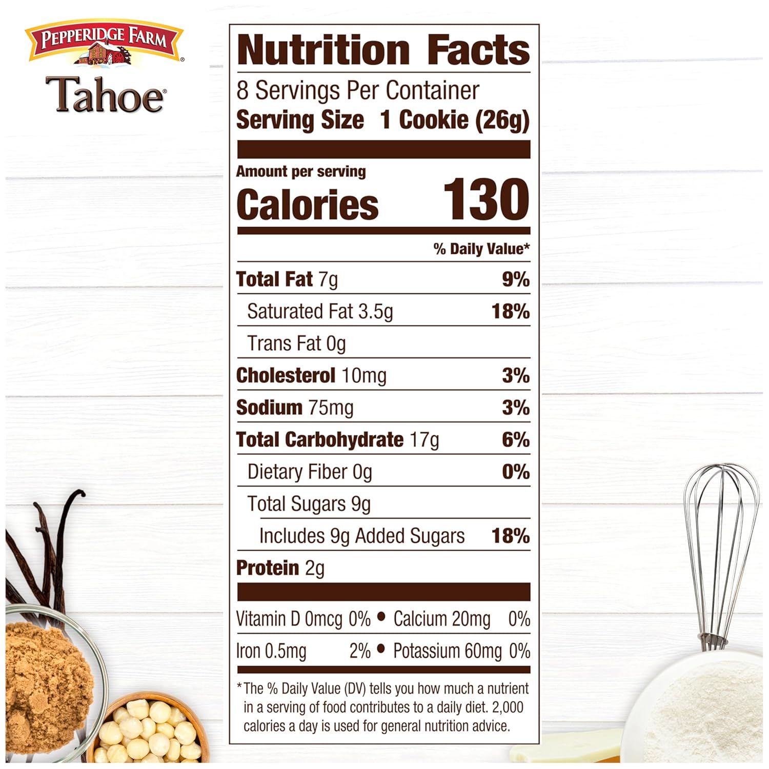 Provides detailed nutritional information for Pepperidge Farm Tahoe cookies to help shoppers make informed dietary decisions and understand the product's nutritional profile.