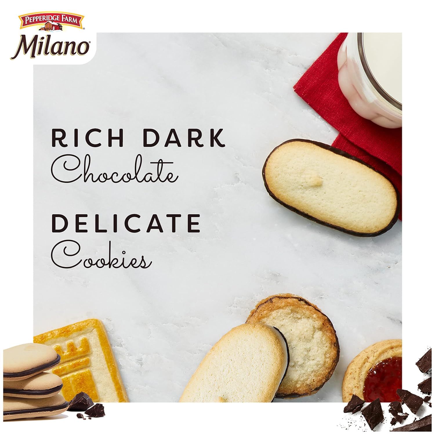 Highlights two distinct product attributes—the rich dark chocolate coating and the delicate cookie texture—to communicate premium quality and taste appeal to shoppers.