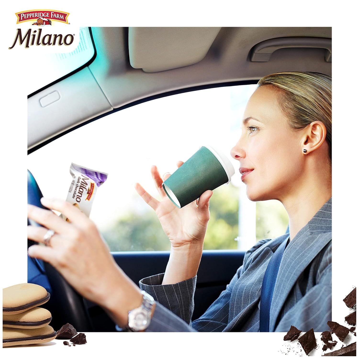 Shows the product being enjoyed in a real-world commuting scenario, demonstrating its convenience and portability for busy lifestyles without any text or feature callouts.