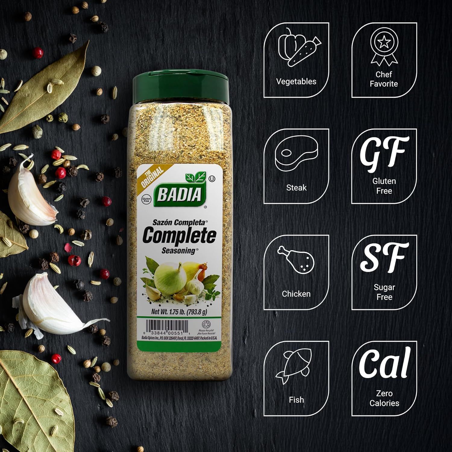 Demonstrates the versatility of the seasoning by showing it works across multiple food types (vegetables, meat, poultry, fish) and highlights dietary benefits to appeal to health-conscious shoppers.
